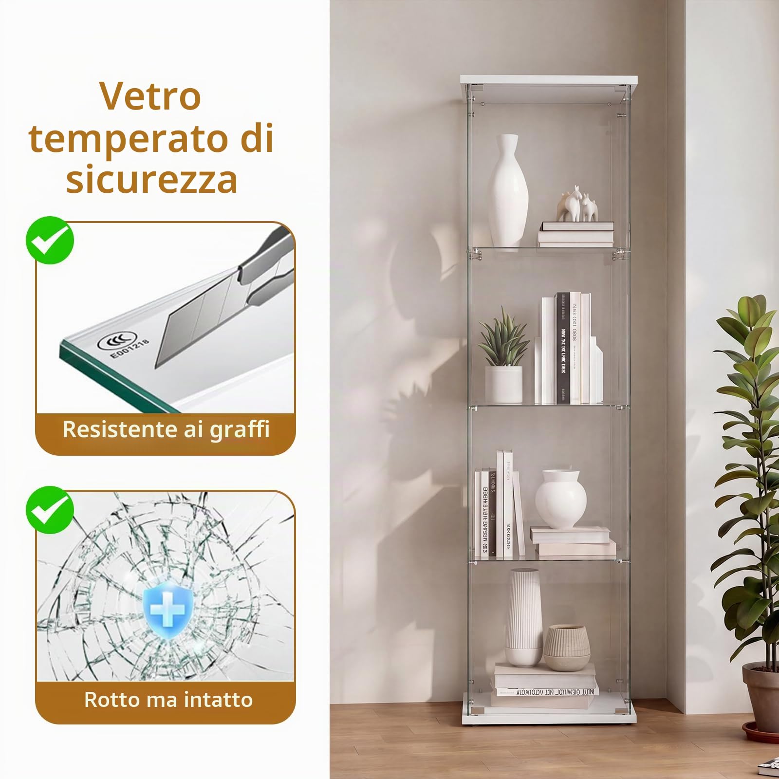 Vetrine di Vetro a 4 Strati, 1 Porta,Vetrinetta Espositiva con Serratura, Vetrinetta Espositiva a Colonna Vetrina Soggiorno con SerraturaVetrinetta in Vetro per Soggiorno 164×42.5×36.5cm