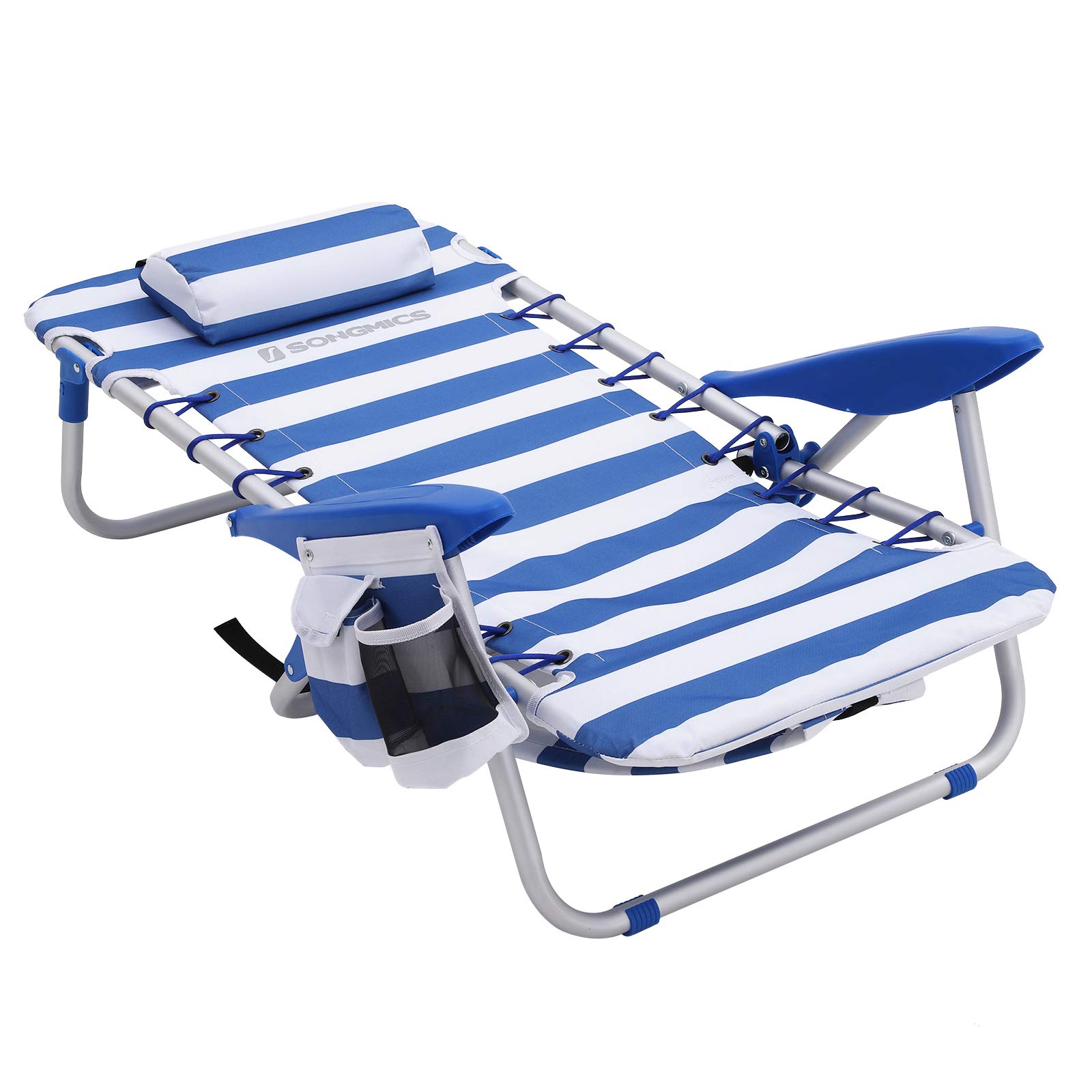 SONGMICS Chaise de Plage Portable, Lot de 2, avec Appui-tête Amovible, Pliable, Chaise de Camping, Dossier Inclinable jusqu'à 180°, avec Porte-Goulet, Pochette, Rayures Bleues et Blanches GCB62BU02