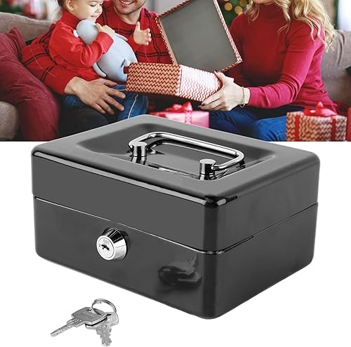 Miniatura 4 de Pyhodi Caja de dinero con cerradura de dos llaves, caja fuerte de metal pequeña con bandeja de dinero, organizador de dinero seguro para dinero en