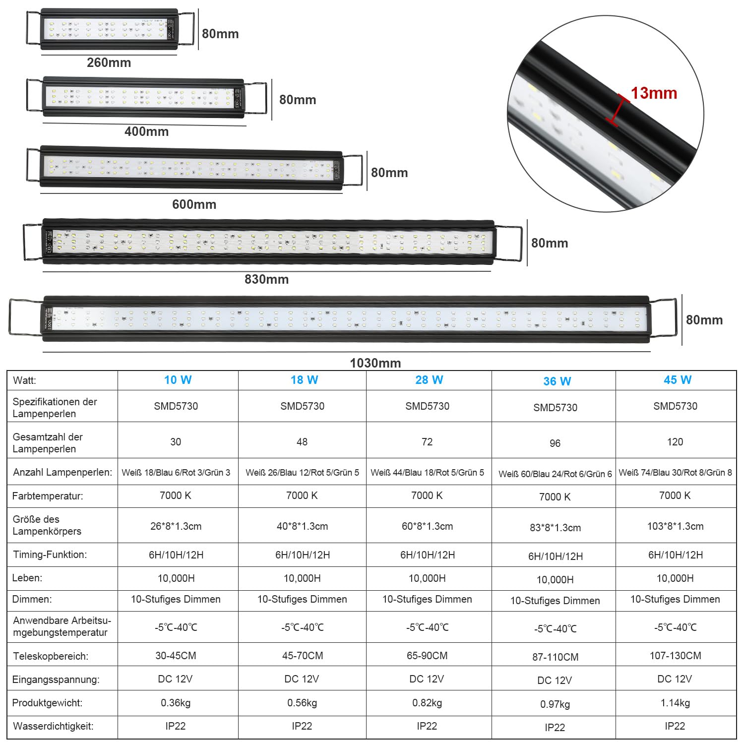 Lámpara LED para acuario de 36 W con temporizador, regulable, 10 niveles de brillo | Temporizador 6H/10H/12H y soporte de metal extensible, apto para acuarios de 87 a 110 cm