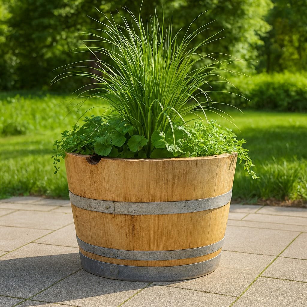 Demi tonneau en bois de chêne, barrique, tonneau en bois, bac à fleurs, table de jardin, très décoratif, résistant au gel.