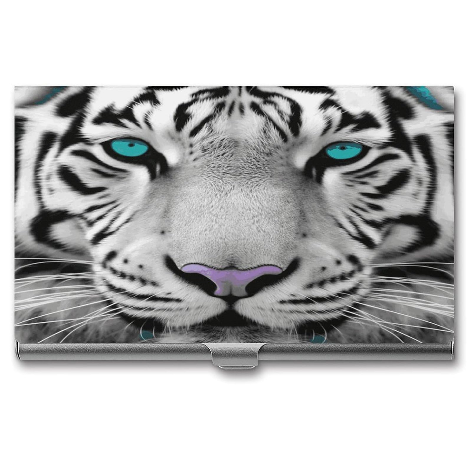 LDGSUPH Tiger with Teal Eyes Business Card Holder Fashion Slim Name Card Holder Minimalist Design Case Metal Card Carrier Personalized Business Card Case with Flip for Men Women