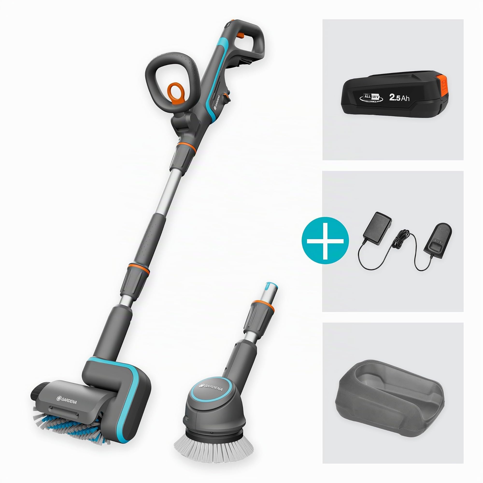 Gardena Spazzola Multifunzione A Batteria AquaBrush Universal 04/18V P4A Set Pronto All'Uso: Esterno, Per ogni superficie, Profilo delle spazzole, Controllo con un solo tocco, Senza fili (14842-20)