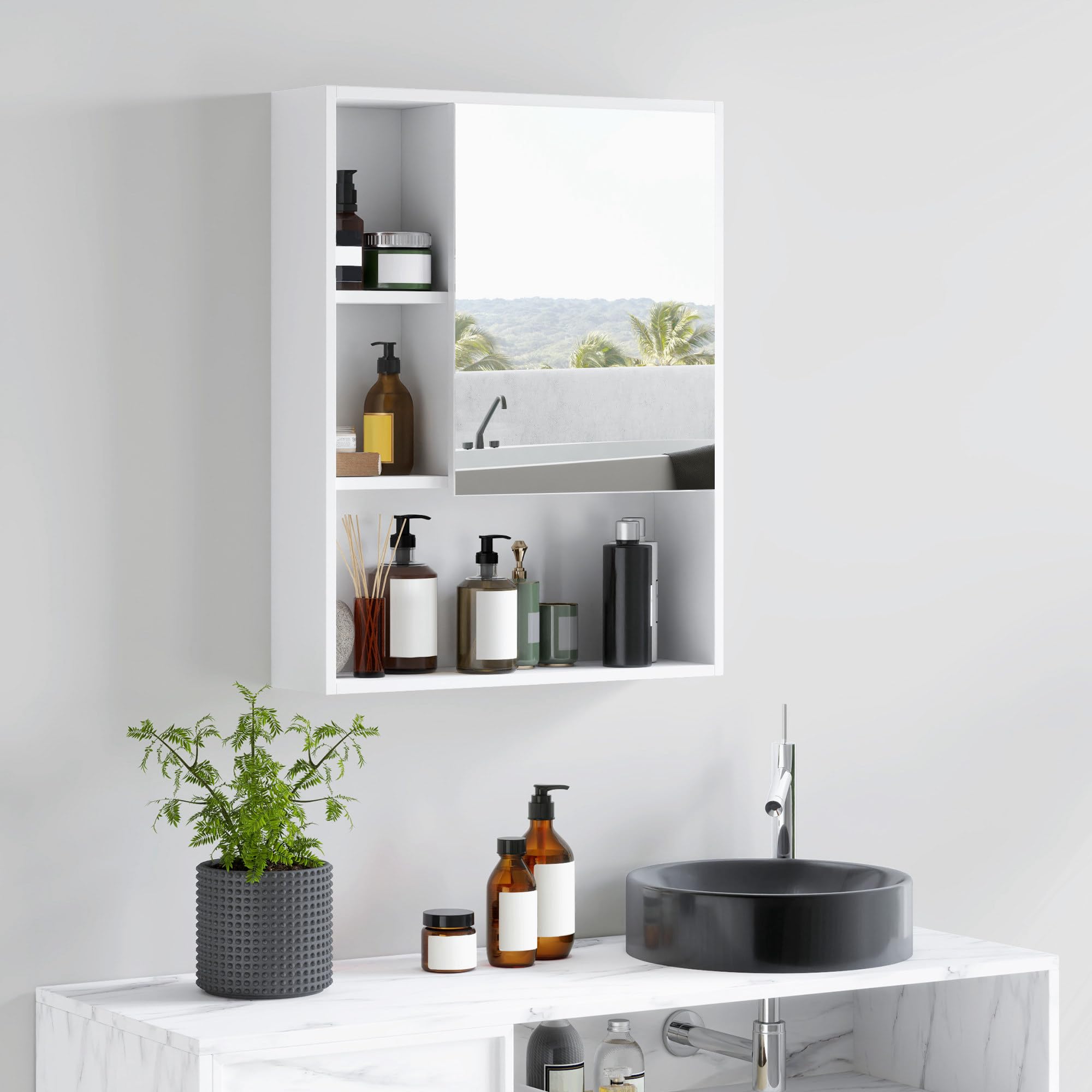kleankin Armoire Murale Salle de Bain avec Porte Miroir, 60 x 15 x 76 cm, Meuble Salle de Bain, Armoire de Toilette, 5 Compartiments et étagère réglable, Blanc