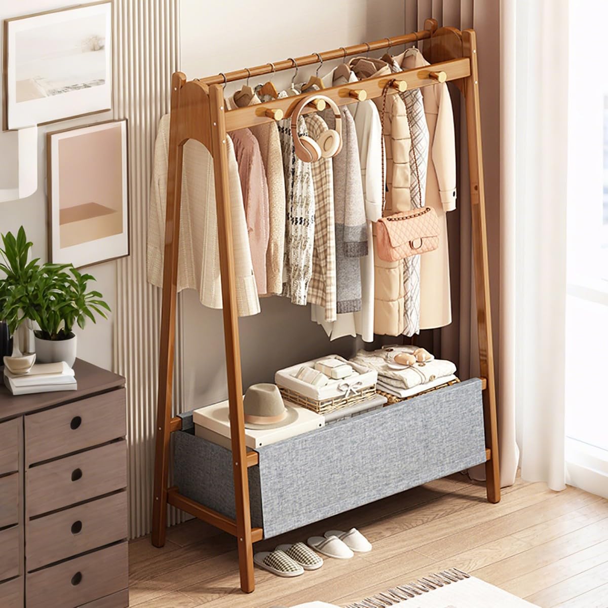 FGXHHS Stylish Natural Bamboo Coat Rack - Floor Standing Modern Clothes Storage with Hooks, Shelves & Baskets for Hallway, Entryway, Bedroom, Bathroom Office