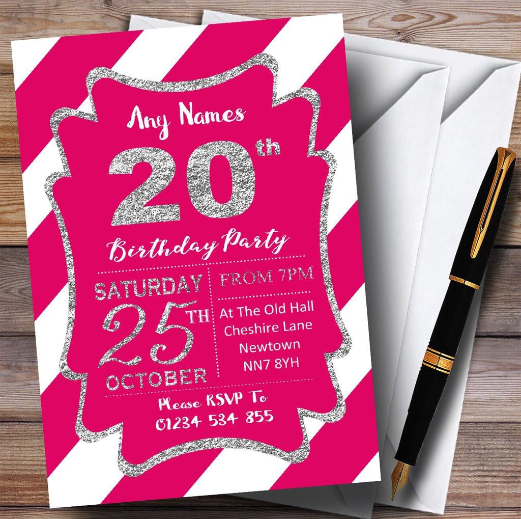 Pink White Diagonal Stripes Silver 20th Personalized Birthday Party Invitations