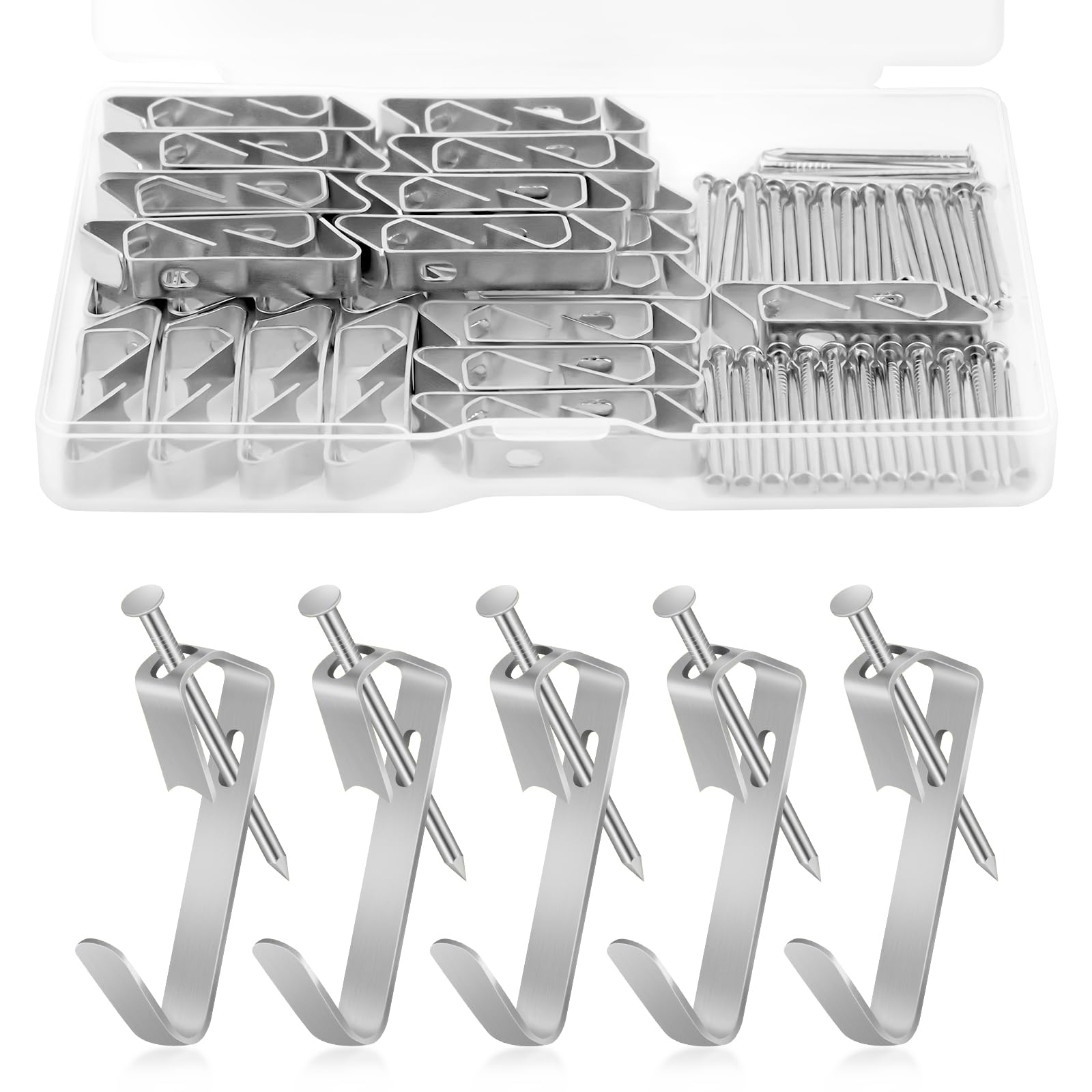 Kit per appendere quadri, 100 pcs Ganci per quadri resistenti, Gancis per cornici con chiodi, Kit di Gancis Cornice per Pareti Dure reggono 30 libbre (30LB), per pareti dure,ufficio,casa,argento