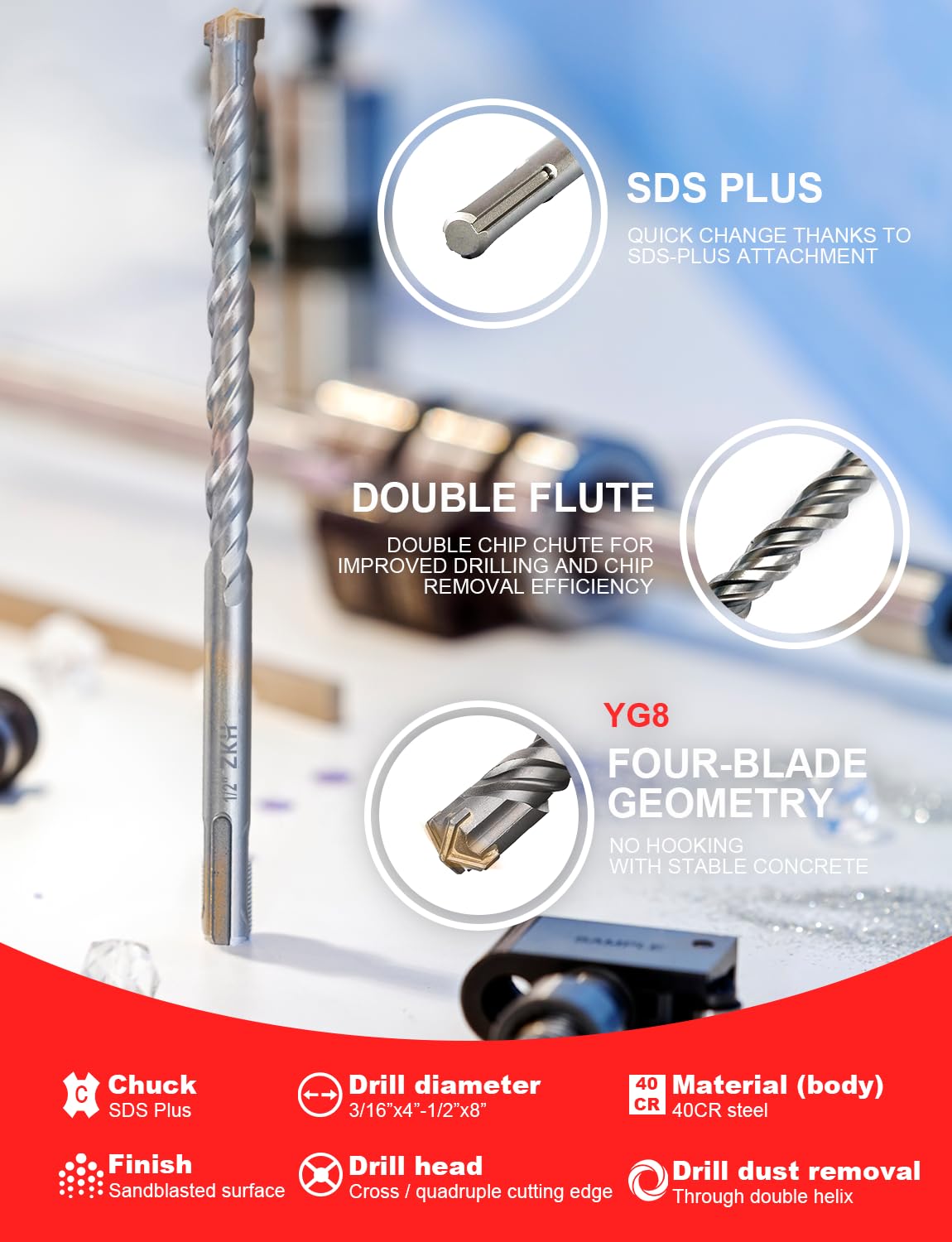 ZKH Set di 10 punte SDS Plus (3/16", 1/4", 5/16", 3/8", 1/2"), punte in carburo (YG8), punte per trapano per calcestruzzo, cemento, pietra, mattoni, vasi in ceramica e altro ancora
