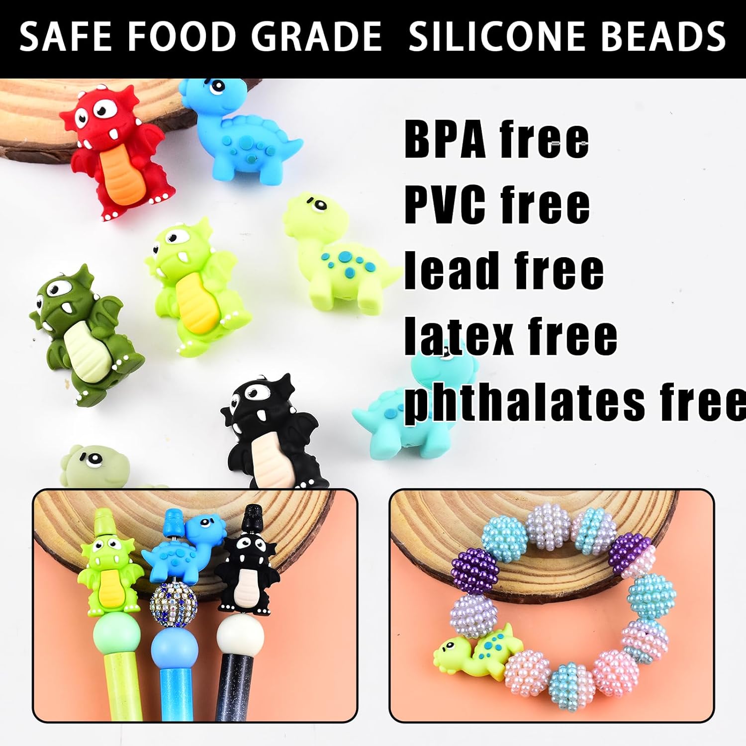 8 PCS 3D Dinosaur Silicone Focal Beads for Pens, Animal Focal Beads Bulk for Keychain Bracelet Necklace Making, Handmade Crafts Supplies - Image 3