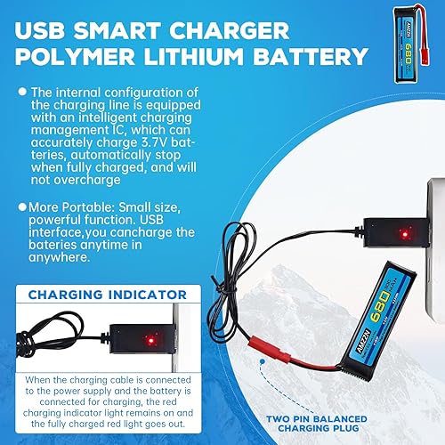 Miniatura 4 de Batería Lipo de 3.7 V 680 mAh 1S con enchufe JST y cable de carga USB para UDI U817 U818A V959 V222 V929 S032 RC Drone, cuatro ejes Aircraft Battery