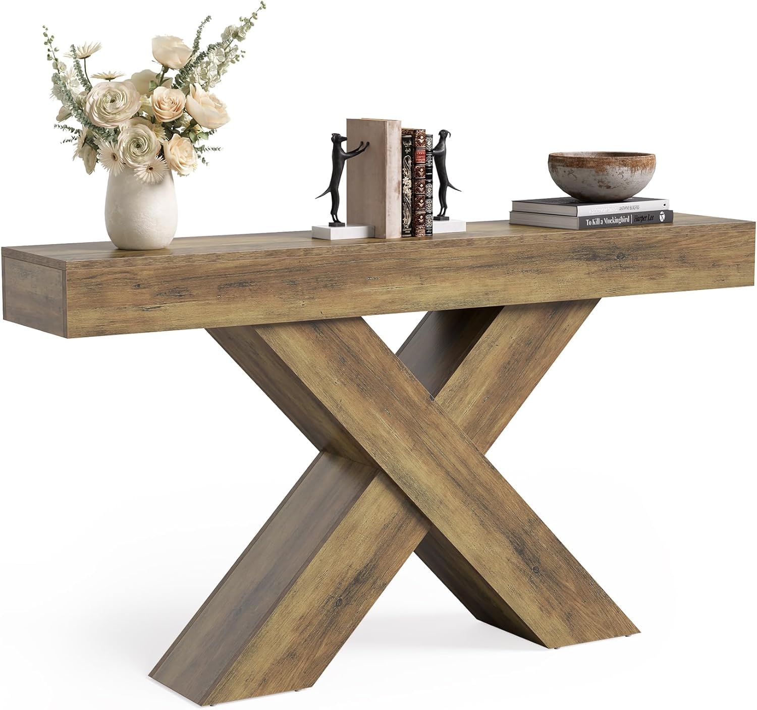 Tribesigns Consola Estrecha De 140 Cm, Estilo Rústico, para Entrada, Mesa De Centro En Forma De X Detrás del Sofá, Ideal para Salón, Entrada, Recibidor O Pasillo, Color Marrón Rústico