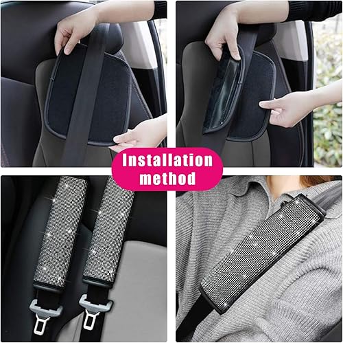 Miniatura 4 de Kewucn Almohadillas de hombro para cinturón de seguridad de automóvil, fundas de cuero sintético con diamantes de imitación y anillo de botón de