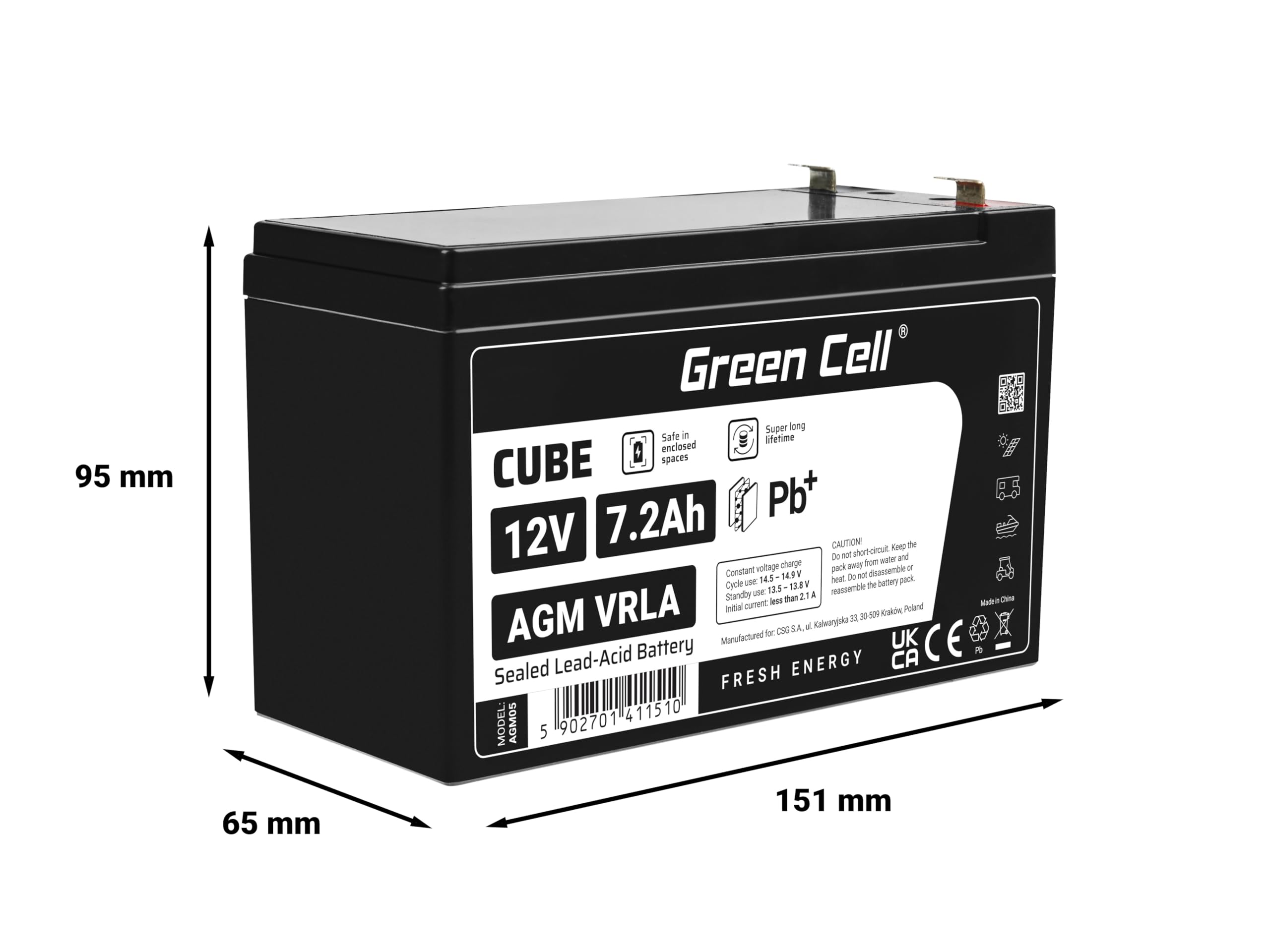 Green Cell Batteria AGM 12V 7,2Ah ricaricabile sigillata VRLA | Per UPS, allarmi, giocattoli elettrici, impianti solari, scooter, backup e uso ciclico senza manutenzione