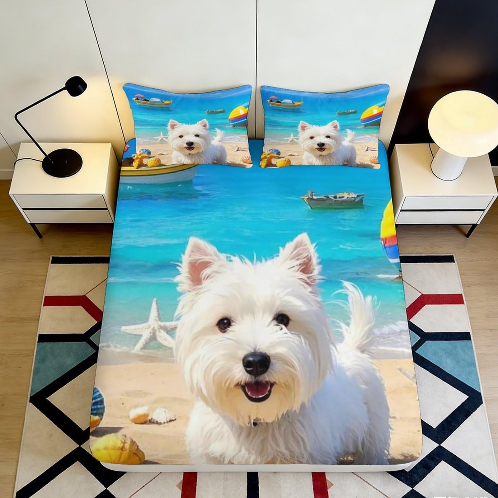 Decorative Westie Beach Fitted Sheet, 3D Printed Microfiber, Soft Touch, Bed Cover for Home Bedroom Guest Room, Wrinkle Resistant, Apartment Bedding, 90x200x25cm