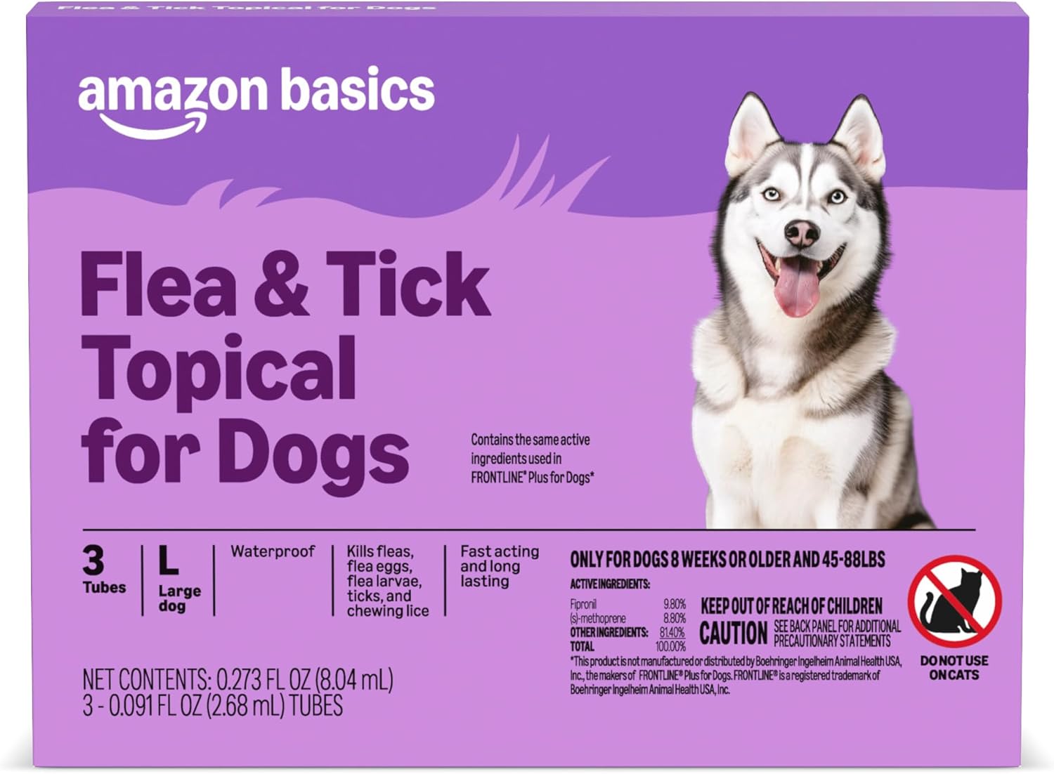 Amazon Basics Flea and Tick Topical Treatment for Dogs, Large (45-88 lbs), Fast Acting and Long Lasting, 3 Counts, Packaging May Vary