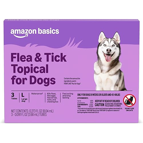 Amazon Basics Flea and Tick Topical Treatment for Large Dogs (45-88 pounds), Unscented, 3 Count, Packaging May Vary