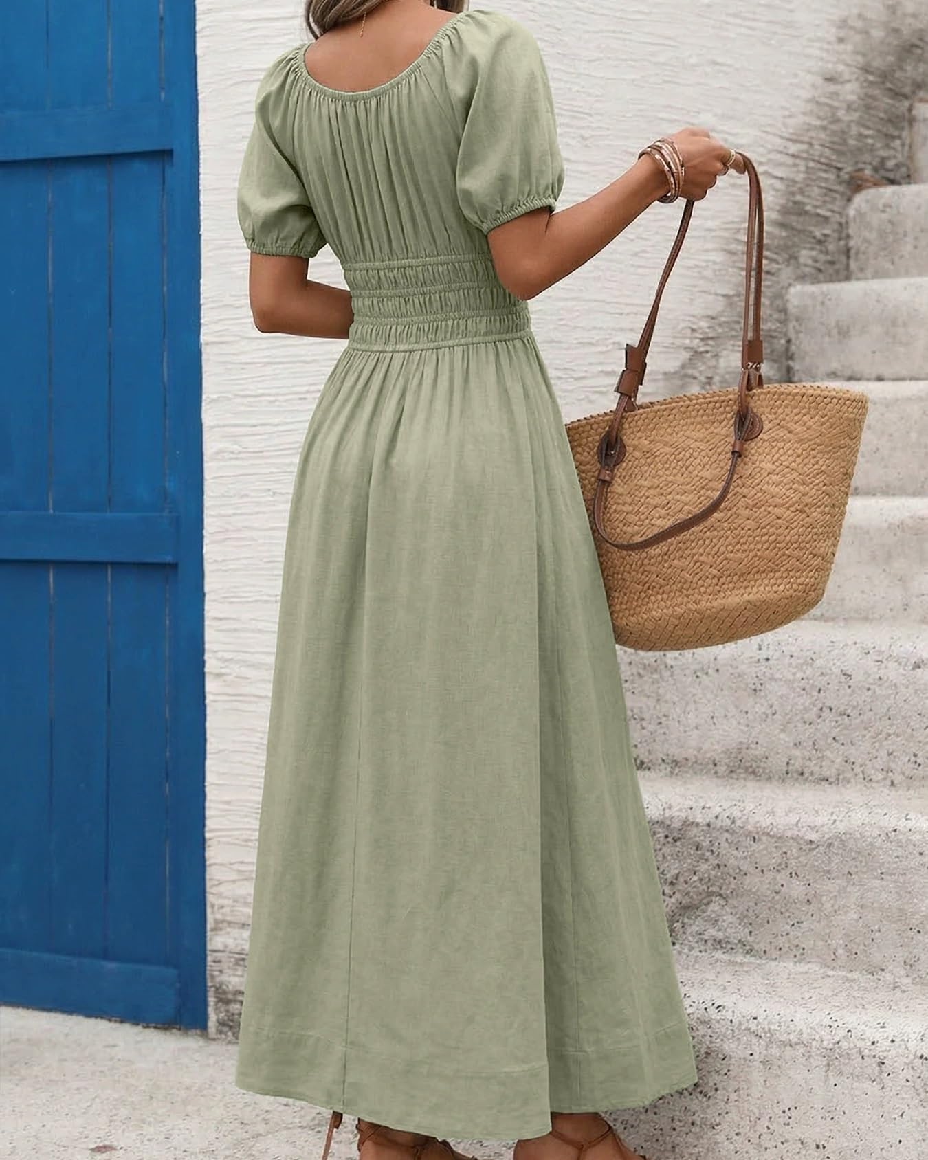 Vestito Maxi Donna, Scollo Quadrato, Maniche Sbuffo, Verde Salvia Estate