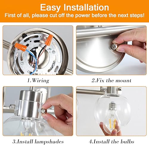 Miniatura 8 de Lámpara de tocador de 3 luces, lámparas de baño de níquel cepillado, apliques de pared de granja con pantalla de vidrio transparente de globo,