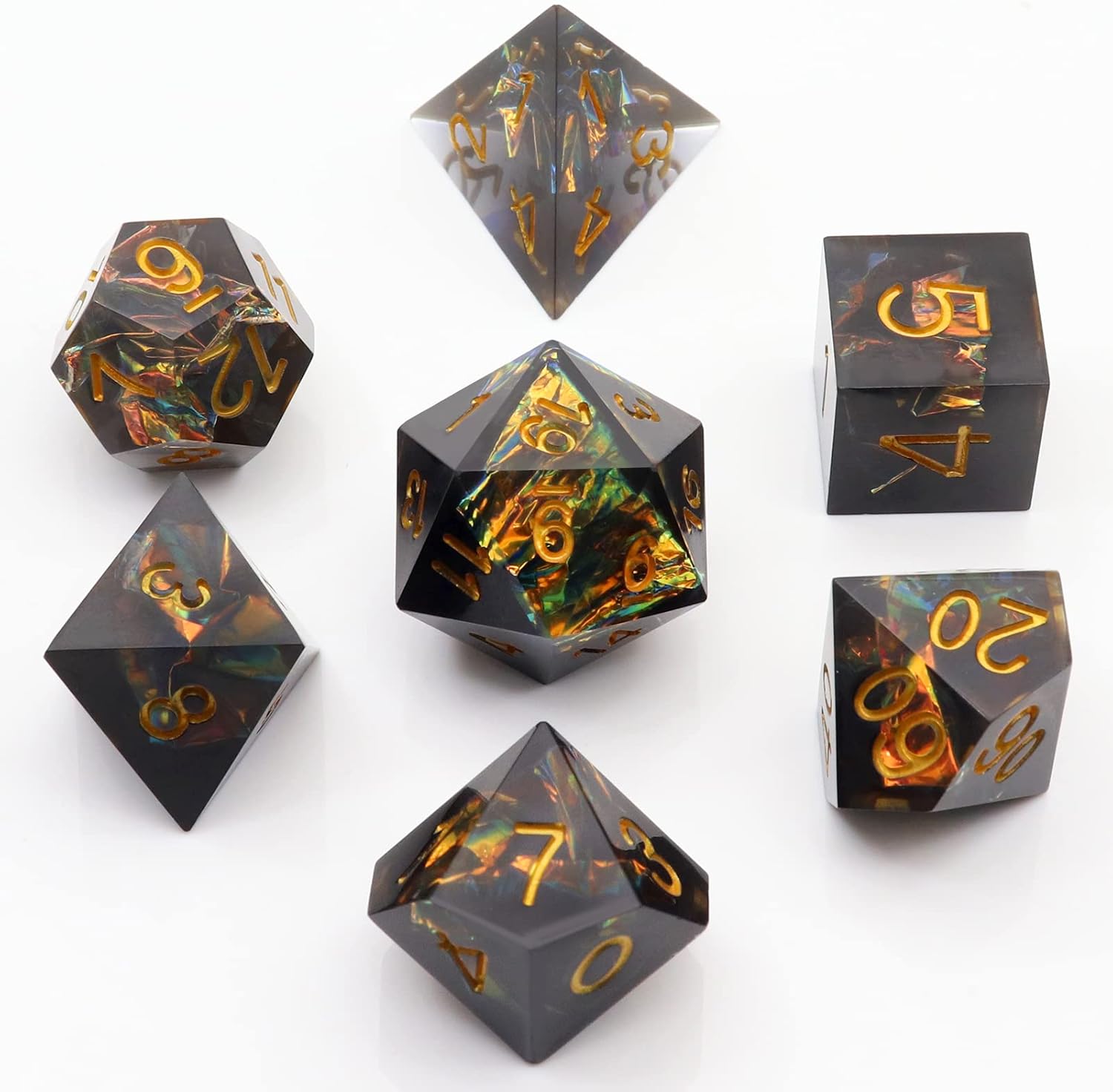 PJOY DND Sharp Edged Dice Set,7pcs Black Resin DND Dice Set Iridecent Mylar Galaxy D&D Polyhedral Dice with Dice Case for Role Playing Dice Games Compatible with Dungeons and Dragons (Dark World)