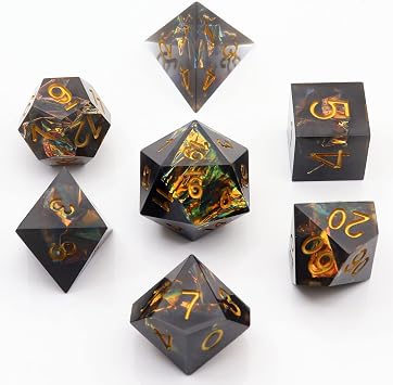PJOY DND Sharp Edged Dice Set,7pcs Black Resin DND Dice Set Iridecent Mylar Galaxy D&D Polyhedral Dice with Dice Case for Role Playing Dice Games Compatible with Dungeons and Dragons Dark World