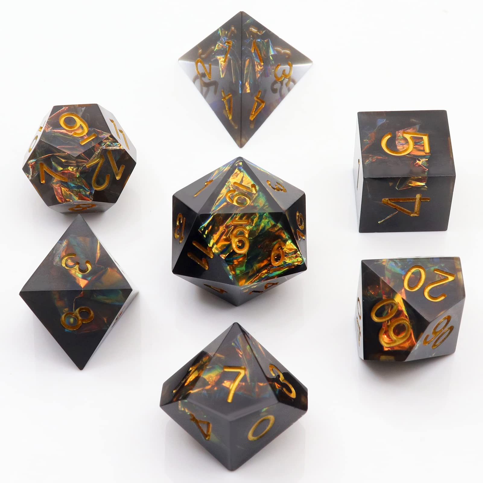DND Sharp Edged Dice Set,7pcs Black Resin DND Dice Set Iridecent Mylar Galaxy D&D Polyhedral Dice with Dice Case for Role Playing Dice Games as Dungeons and Dragons (Dark World)