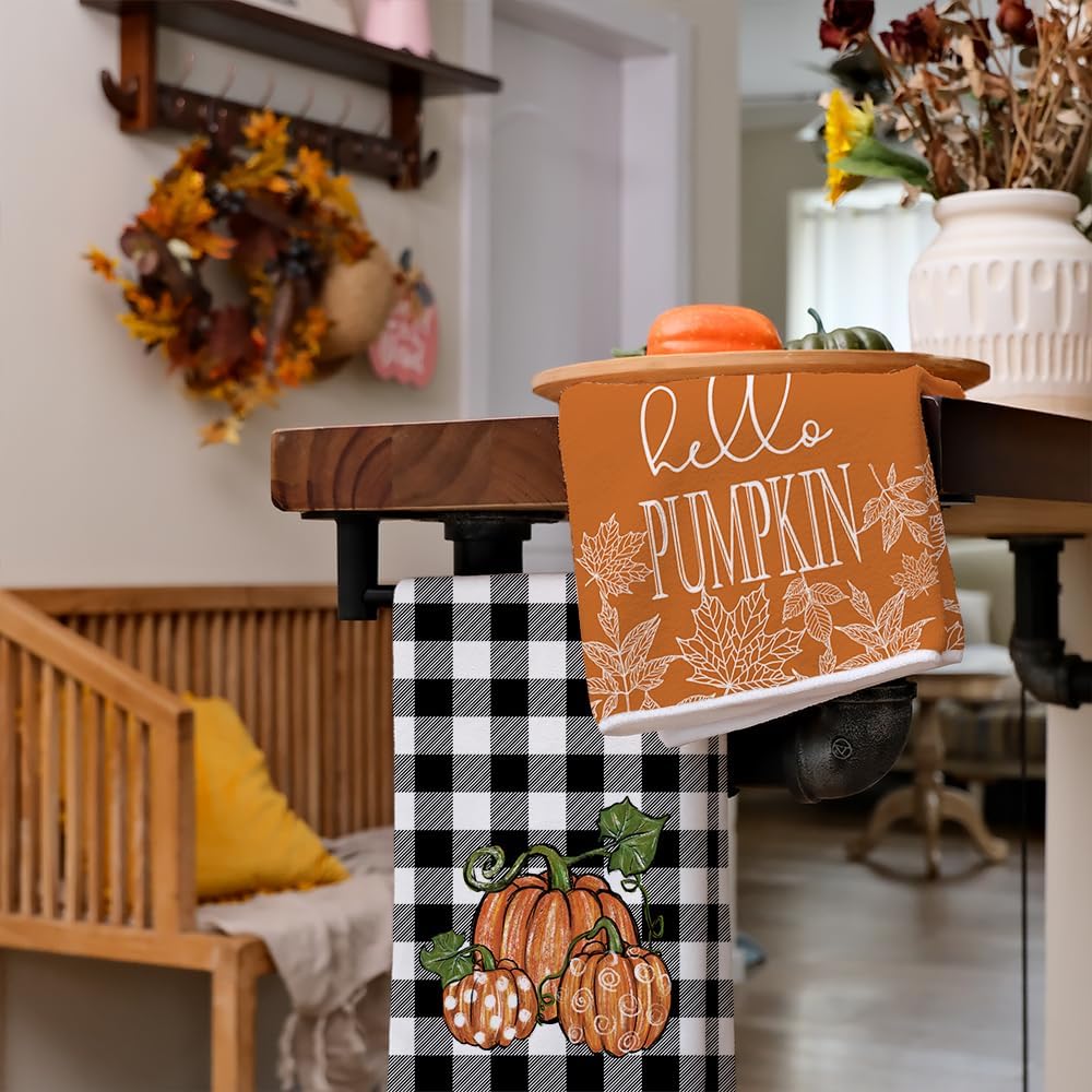 ARKENY Fall Kitchen Towels Set of 2,Black Buffalo Check Pumpkin Autumn Dish Towels 18x26 Inch Drying Dishcloth,Farmhouse Home Decoration AD127 - Image 2