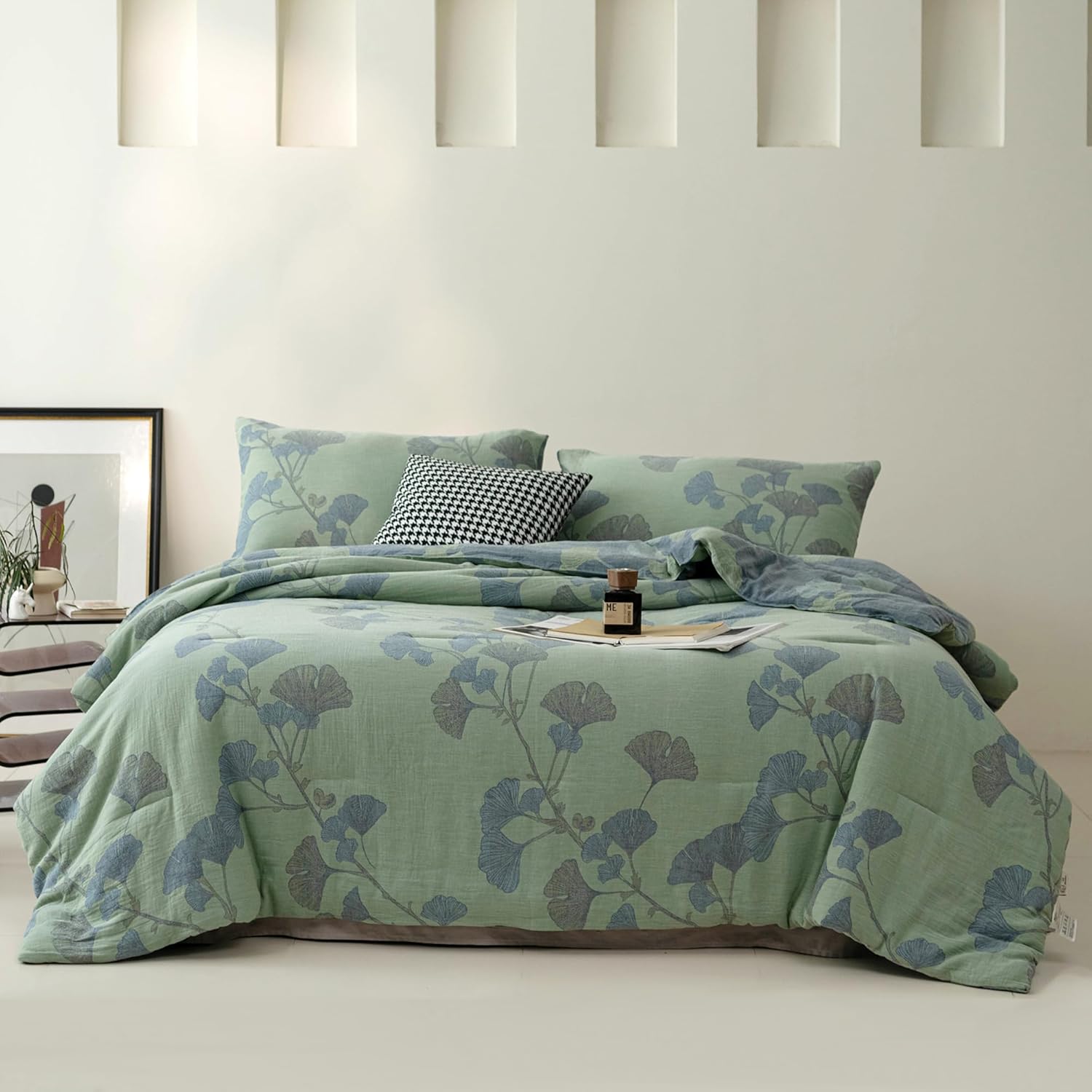 100% Cotton Muslin Jacquard Comforter Set, Floral Ginkgo Leaves Print, Soft Lightweight Reversible 3 Piece Bedding Sets for All Season, Green Blue, King(104"x90")