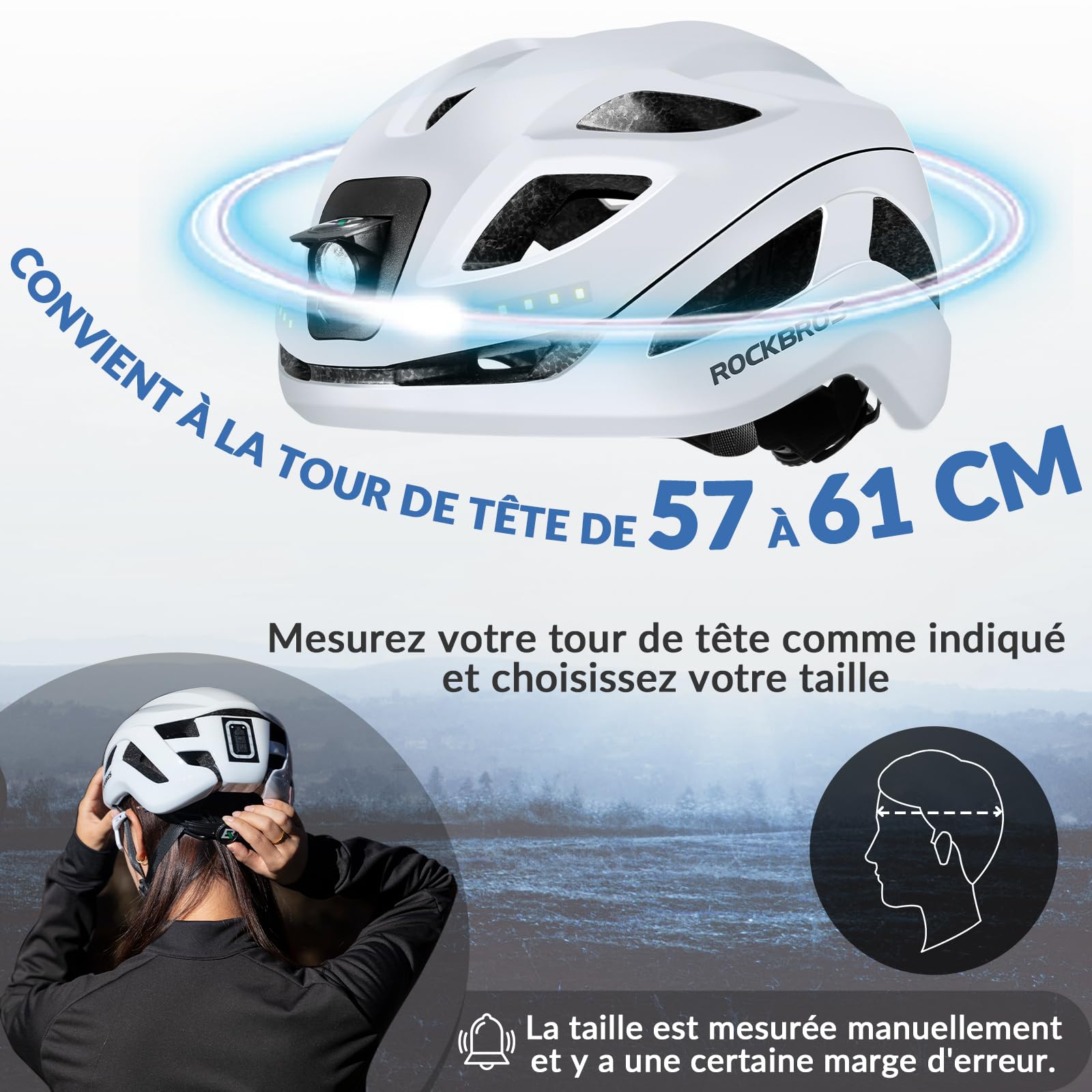 ROCKBROS Casque Luminieux LED Rechargable, Casque de Vélo Réglable 57-61 cm avec Lumière, Casque d’éclairage de Cyclisme Léger Respirant pour Homme Femme