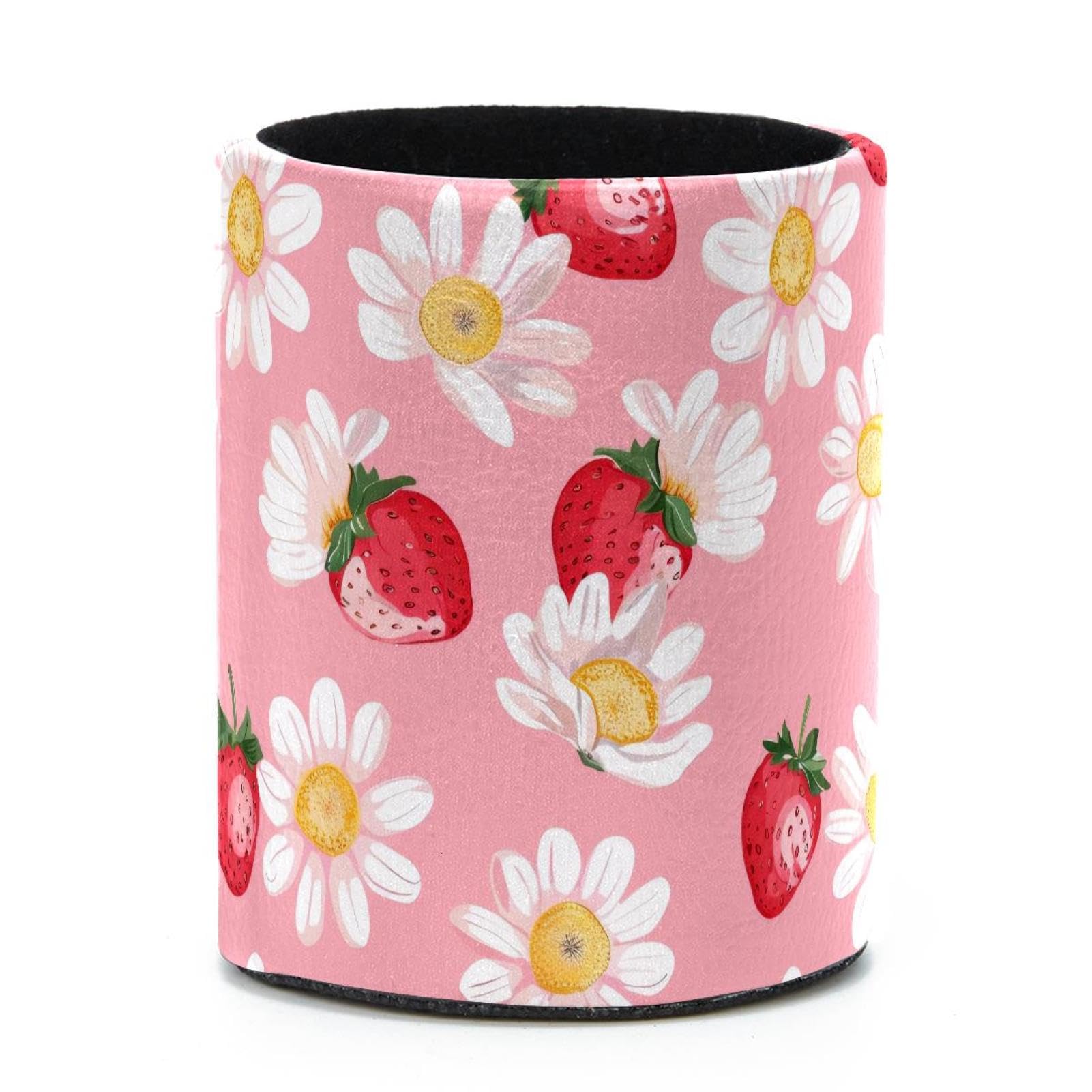 VAPOKF Round Pencil Holders for Desk, Strawberry Daisy Pen Holders Pen Pot Makeup Brushes Storage Desktop Stationery Supplies Organiser for Home Office