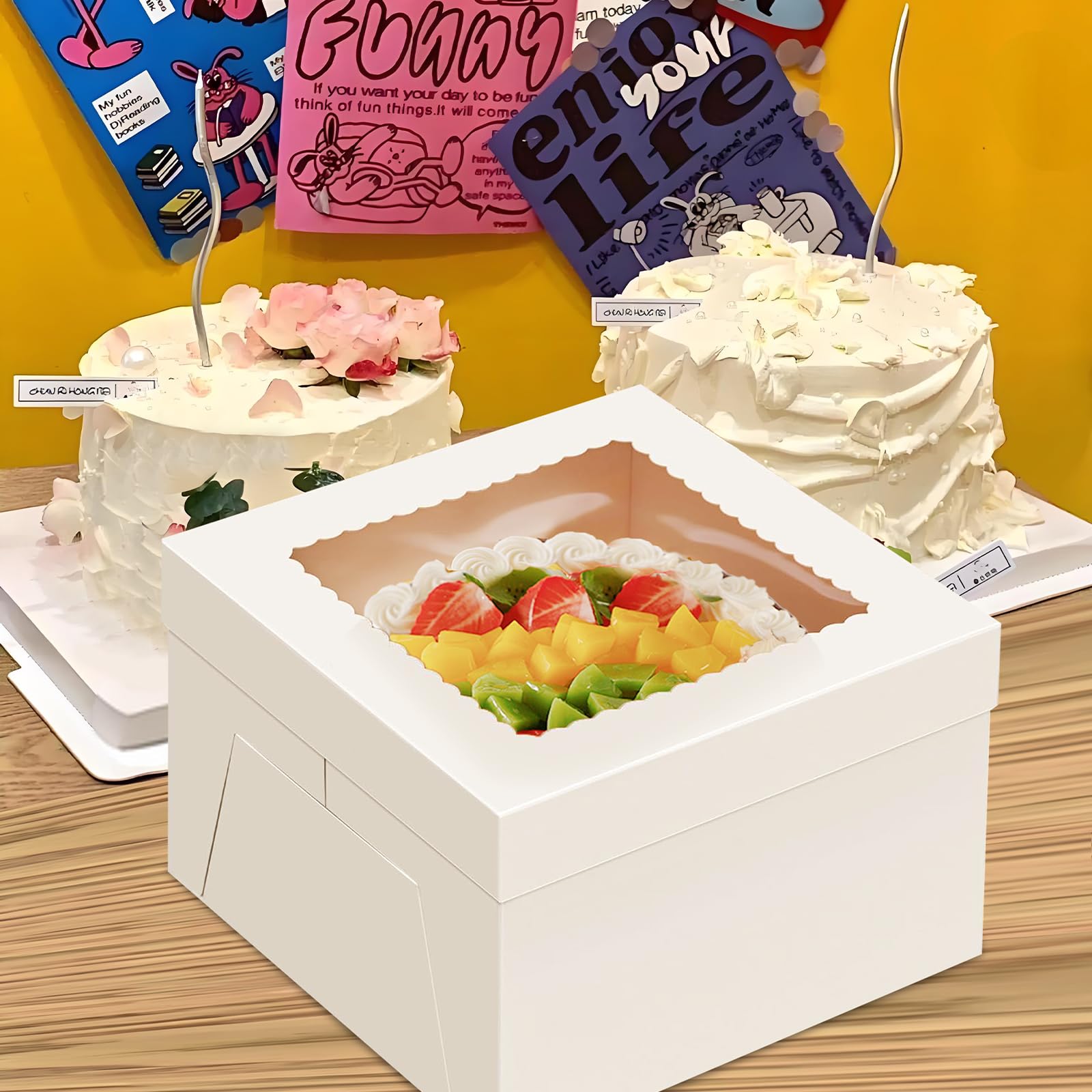 Paquete de 10 cajas para tartas de 12 pulgadas de alto con tablas para tartas (10 cajas y 10 tablas), cajas de panadería blancas de 12 x 12 x 8 pulgadas con ventana para chocolates, cajas de