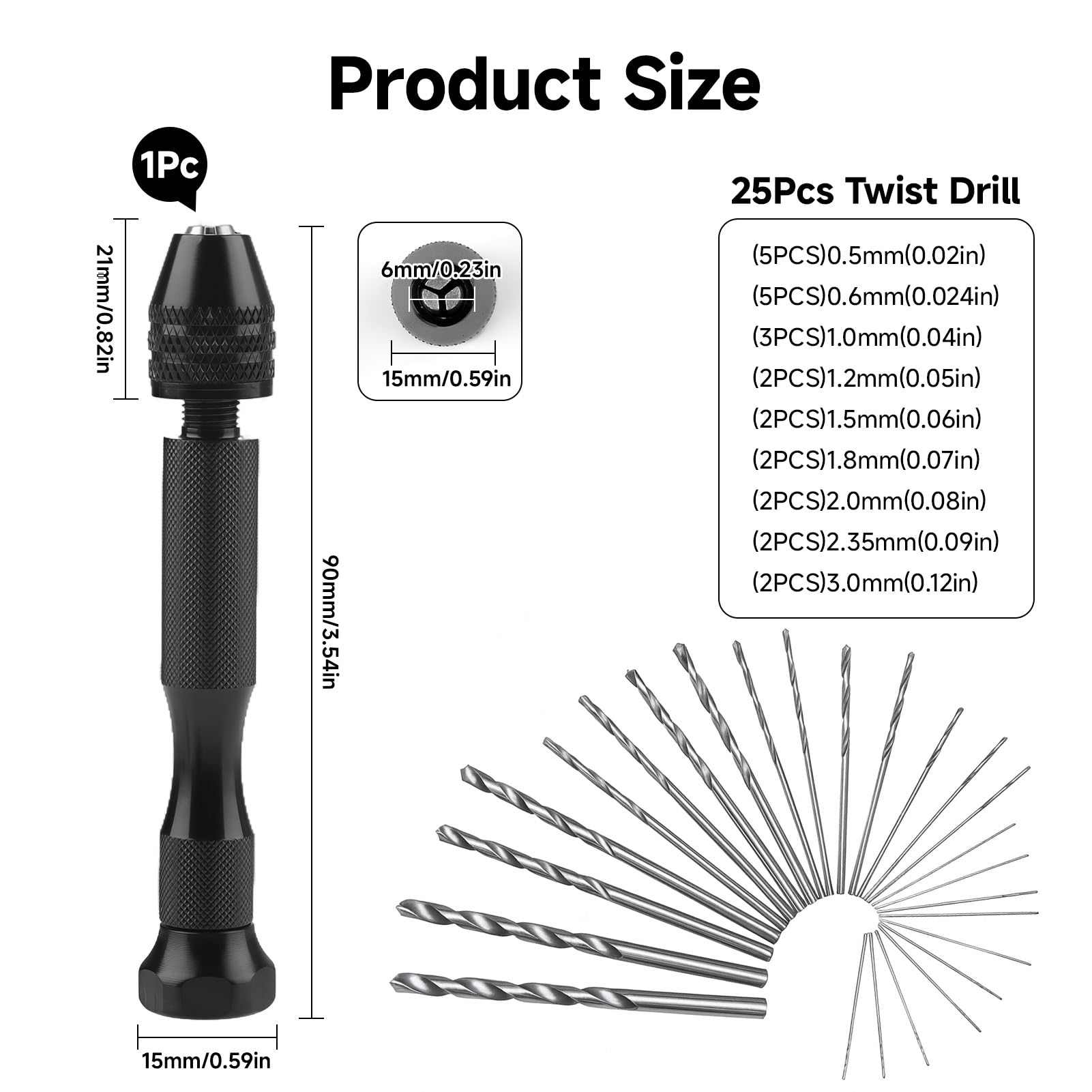 MIni Trapano a Mano Twist Drill Bits, 25pcs Trapano Elicoidale Trapano Manuale per Fai Da Te Gioielli, Metallo, Legno, Senza Fili, Utensili Rotanti per Adulti Lavoro di Precisione