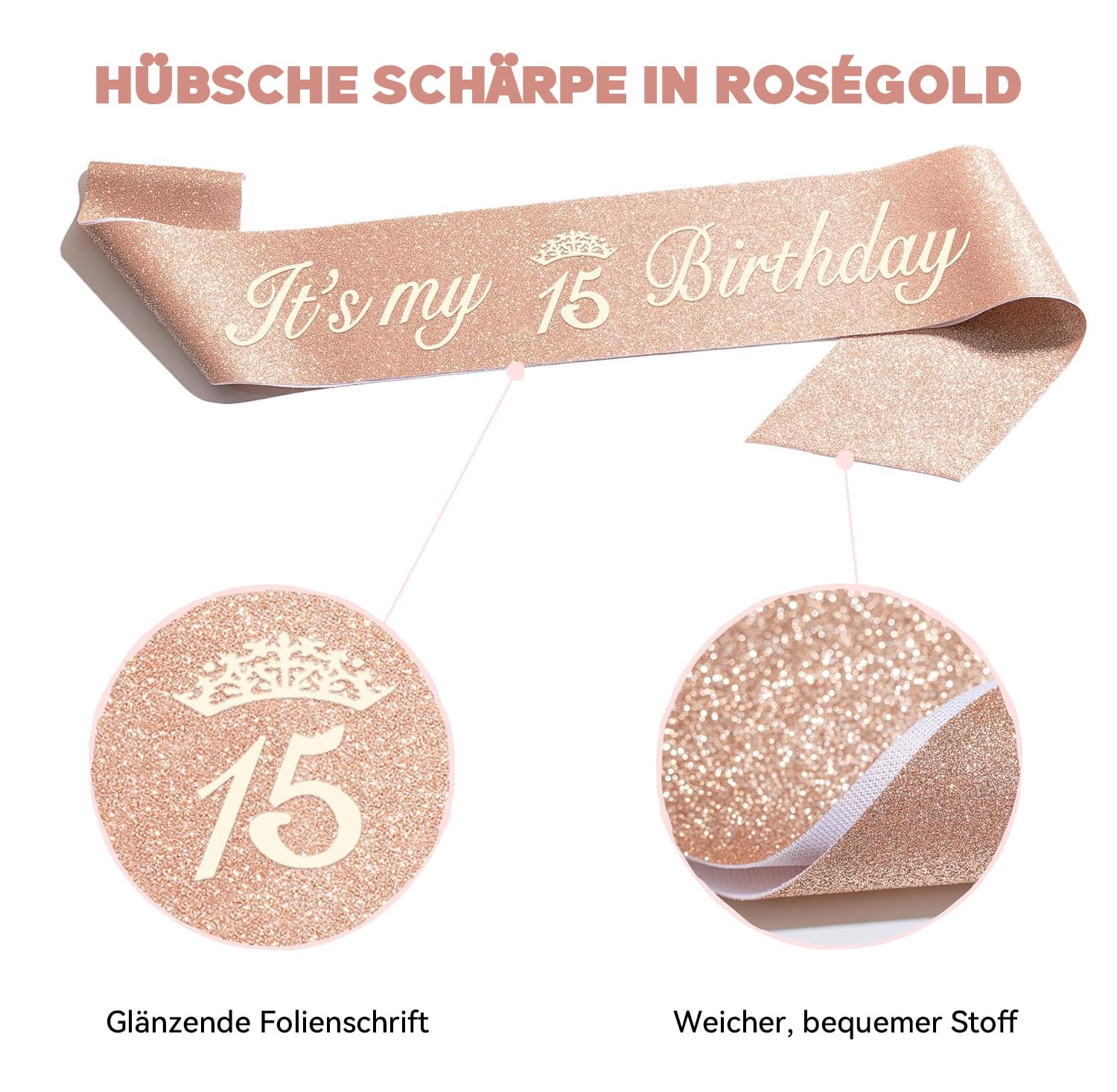 Dekoracja na 15 urodziny dziewczynki, korona i szarfa z okazji 15. urodzin, dekoracja tortu Happy Birthday i świeczki, balon foliowy w kolorze różowego złota 15, prezent urodzinowy dla dziewczynek 15
