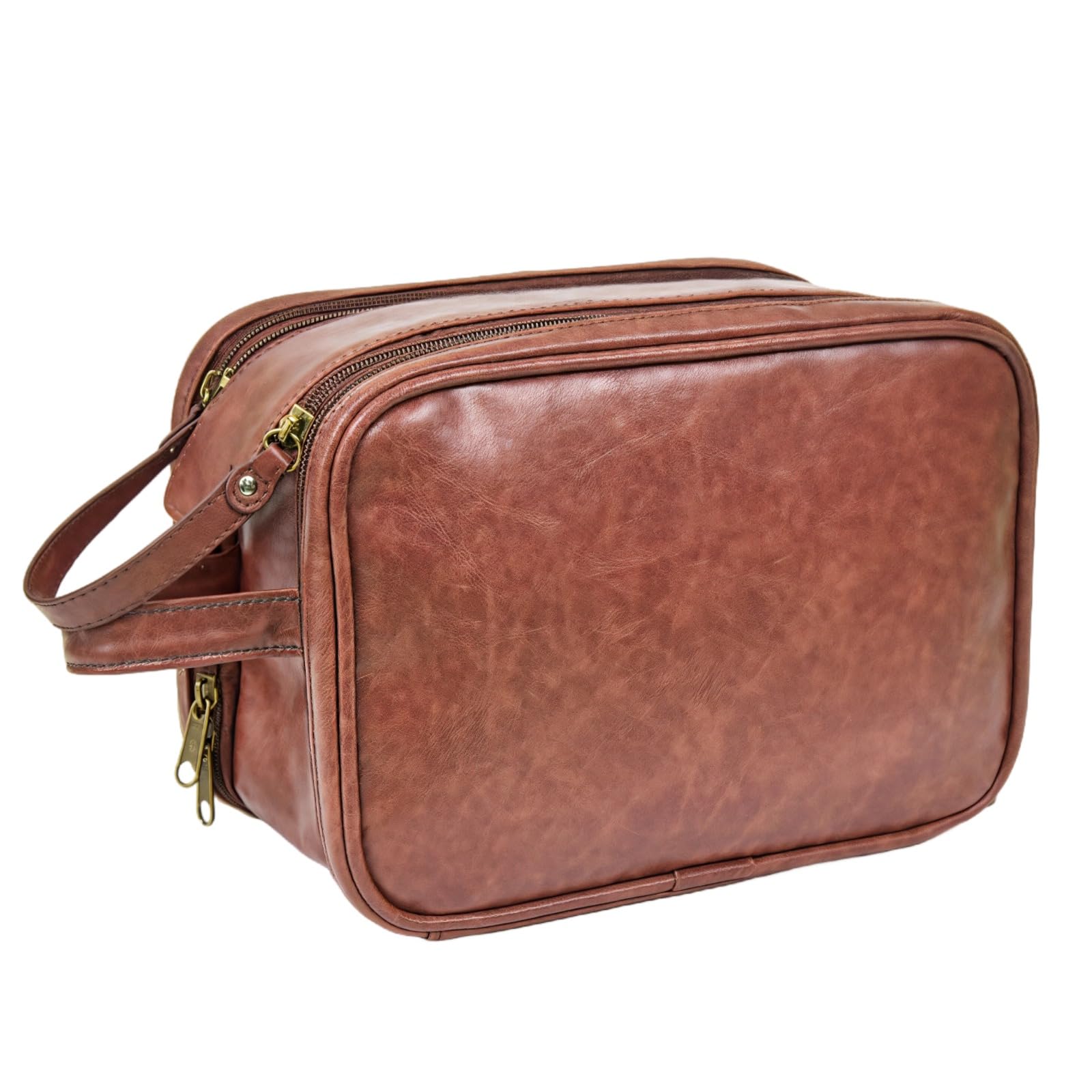 Herren Kulturbeutel Reisetasche aus PU-Leder, hängende Reise-Rasiertasche mit Doppelreißverschluss, großes Fassungsvermögen, Braun, für Reisen und Geschäftsreisen, mit Haken, Tragegriff und Innenfach