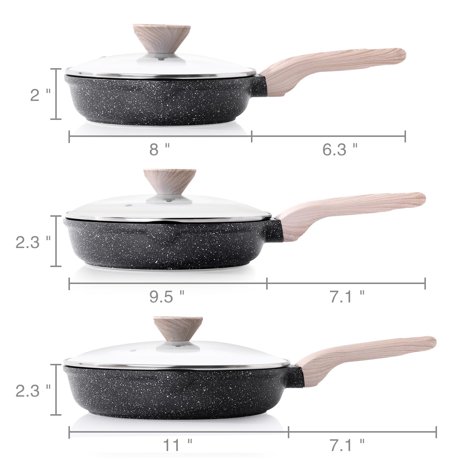 Kordisen Zestaw Patelni Nieprzywierających Z Pokrywką, 3-Częściowy Zestaw Patelni Indukcyjnych, Zdrowy I Nietoksyczny, Bez PFOA (20/24/28 cm)