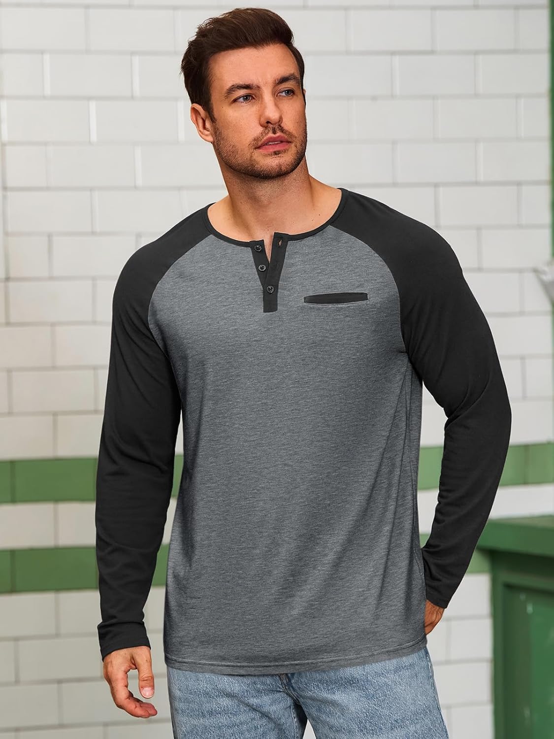 Runcati Mens Henley Shirts Raglan Long Sleeve Casual T-Shirts Color Block Button Shirt Vintage Tops with Pocket - Image 2