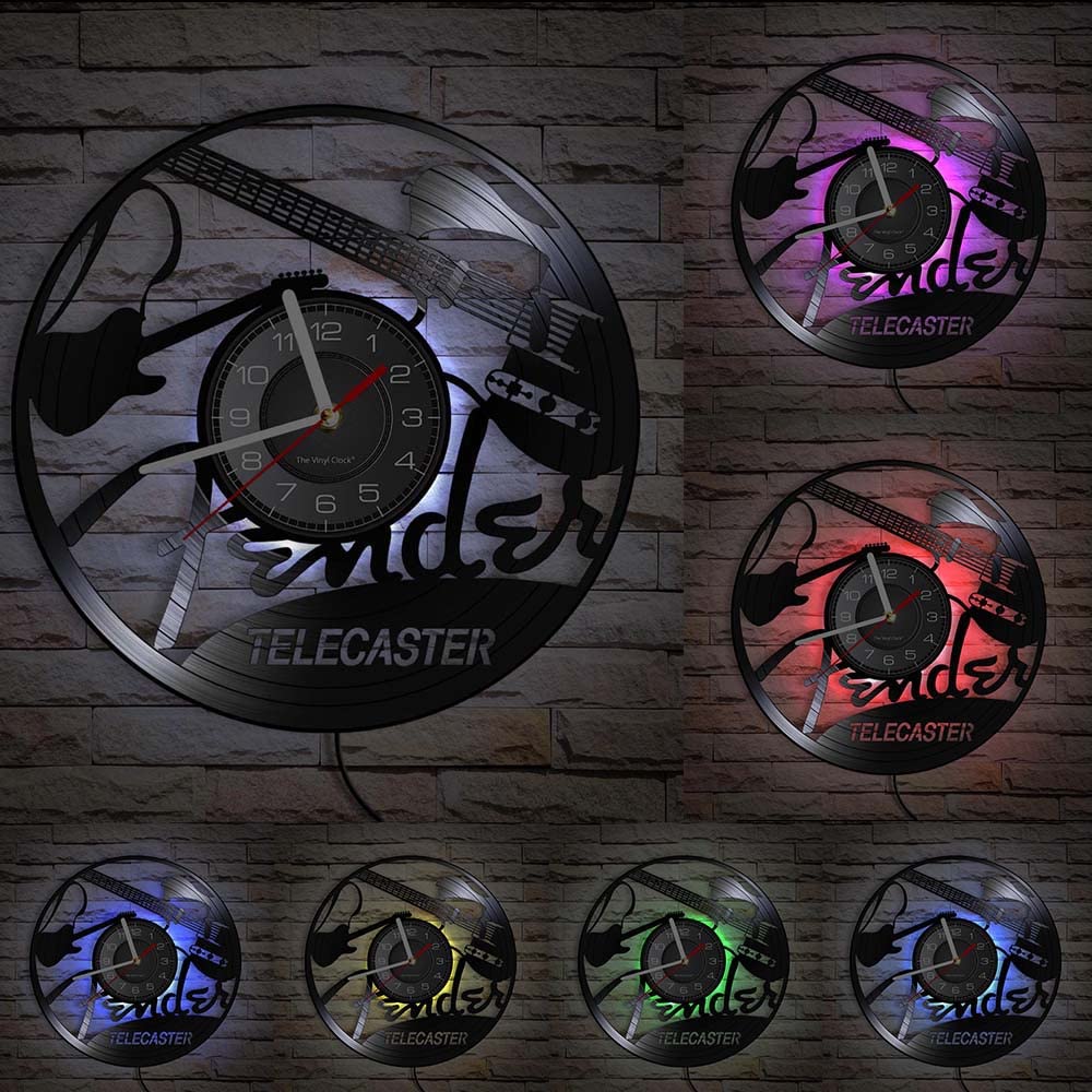 Orologio da parete in vinile, orologio da parete a tema strumento chitarra musicale con luce notturna a LED, è un regalo orologio da parete per gli amici che amano la musica. (sette colori)