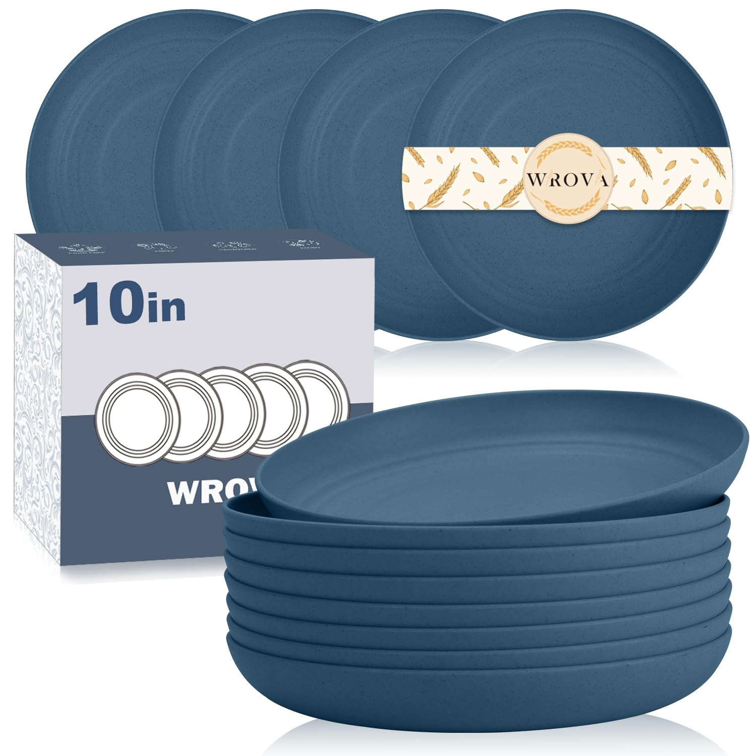 Wrova Large Salad Plates - 10 Inch Large Capacity Reusable Plastic Plates Set of 8 - Dishwasher & Microwave Safe Plate Lightweight Deep Plate Dishes for Indoors and Outdoors - Blue