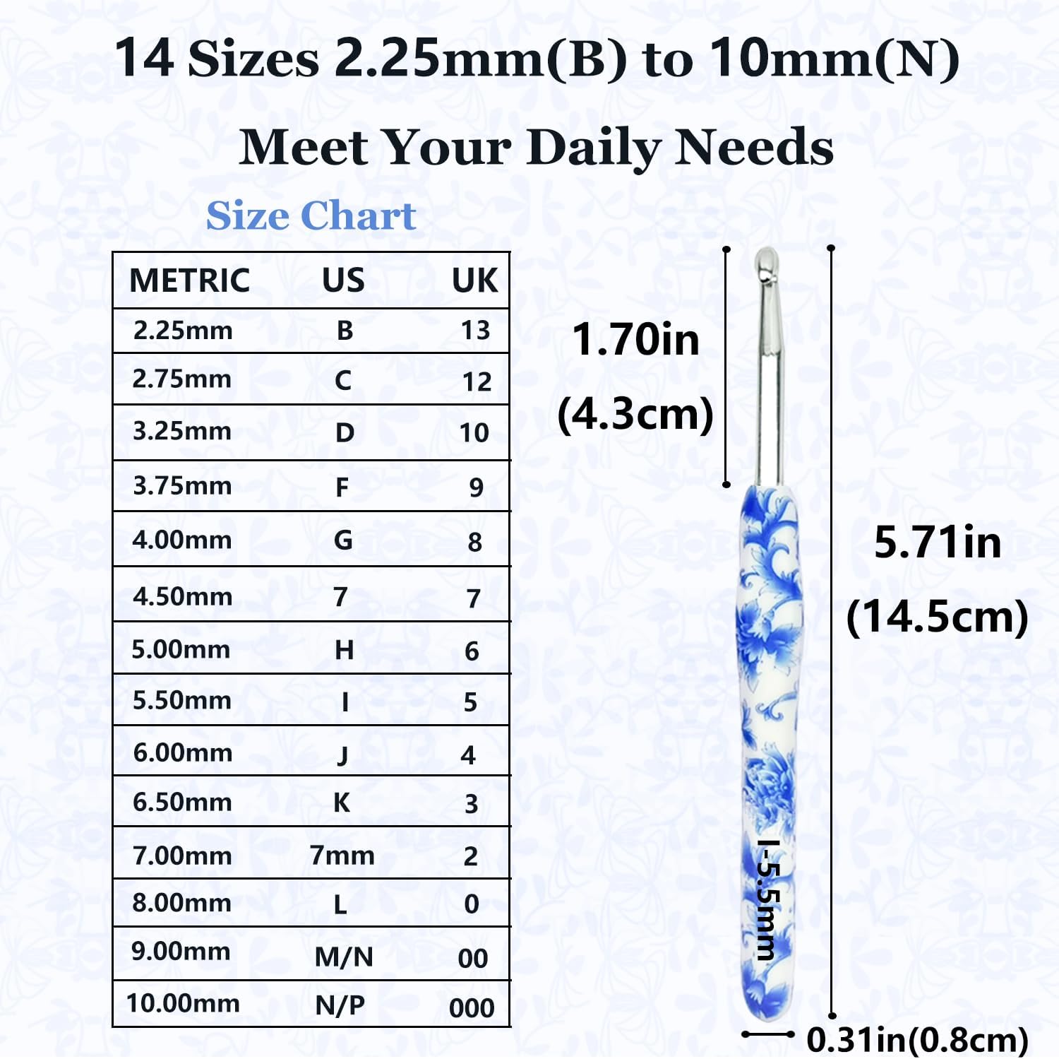 Hobekoee 14 Sizes Crochet Hooks Set,2.25mm(B)-10mm(N) Ergonomic Handle Crochet Hook for Arthritic Hands,Long Crochet Needles Set with Case for Beginners and Enthusiasts