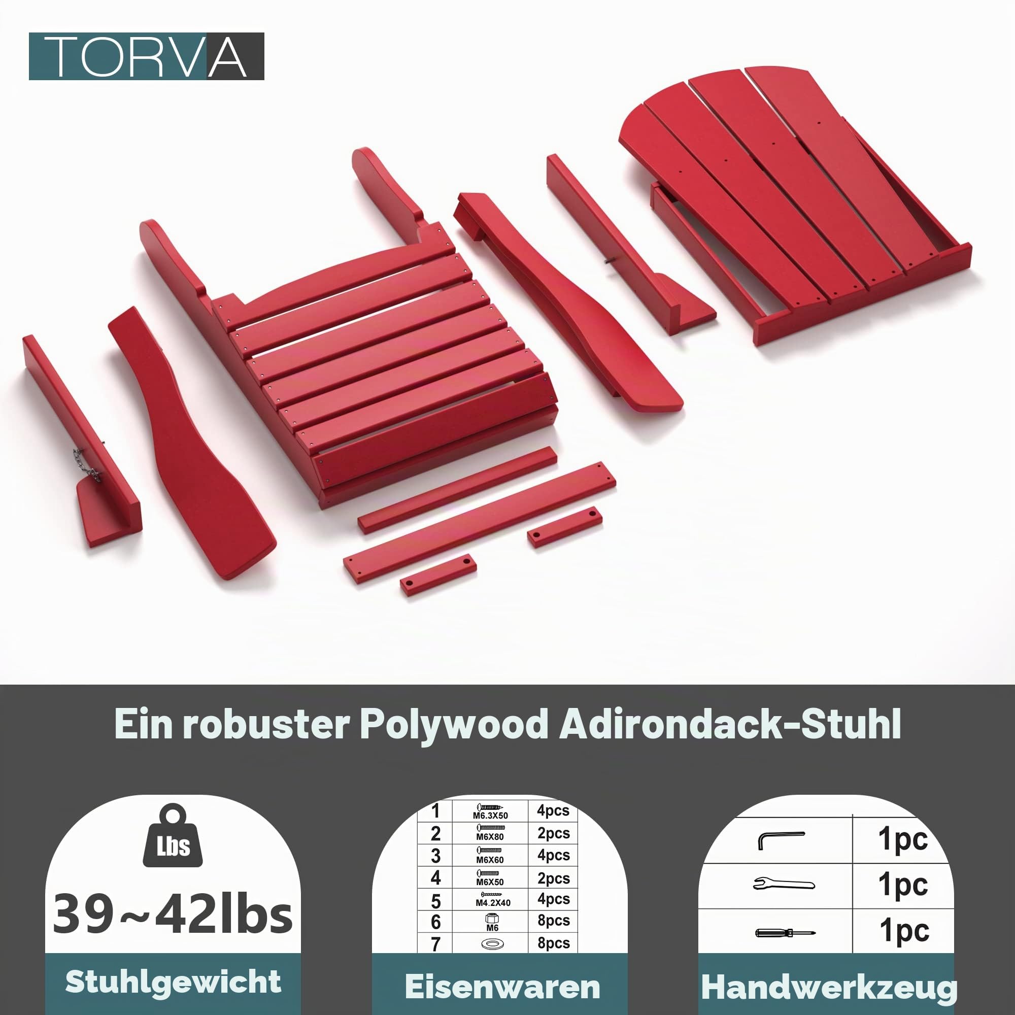 TORVA Adirondack Stuhl aus recyceltem Kunststoff, HDPE, zusammenklappbar, für den Außenbereich, Terrassenstühle, Rasenstuhl, wetterbeständig, Adirondack Stuhl, Rot