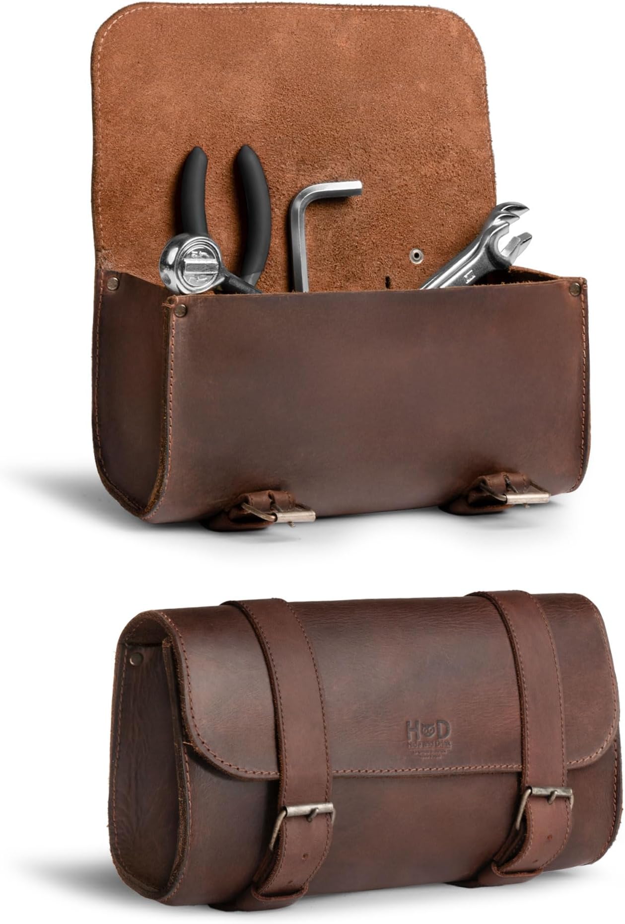 Hide & Drink, Motorcycle Handlebar Bag with 2 Adjustable Straps, Tool Organizer, Motorbike Pouch, Saddle Bag for Bike Commuters, Barrel, Full Grain Leather, Handmade, Bourbon Brown