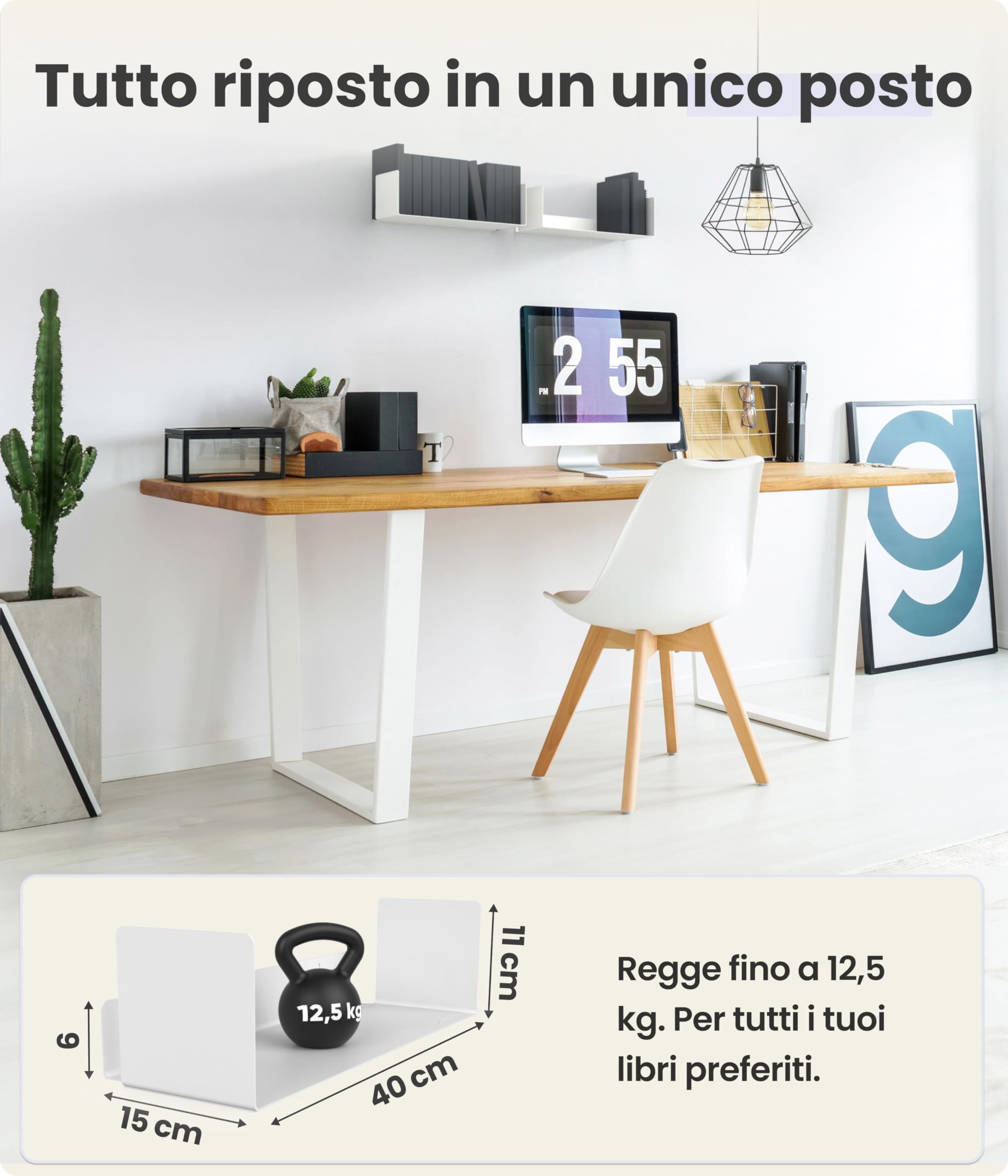 UNITURE® - Set di 2 mensole da Parete Bianche – Moderno Design da Parete – 2 x 40 cm libreria sospesa, Listello Bianco – Mensola Bianca – Mensola da Parete Bianca