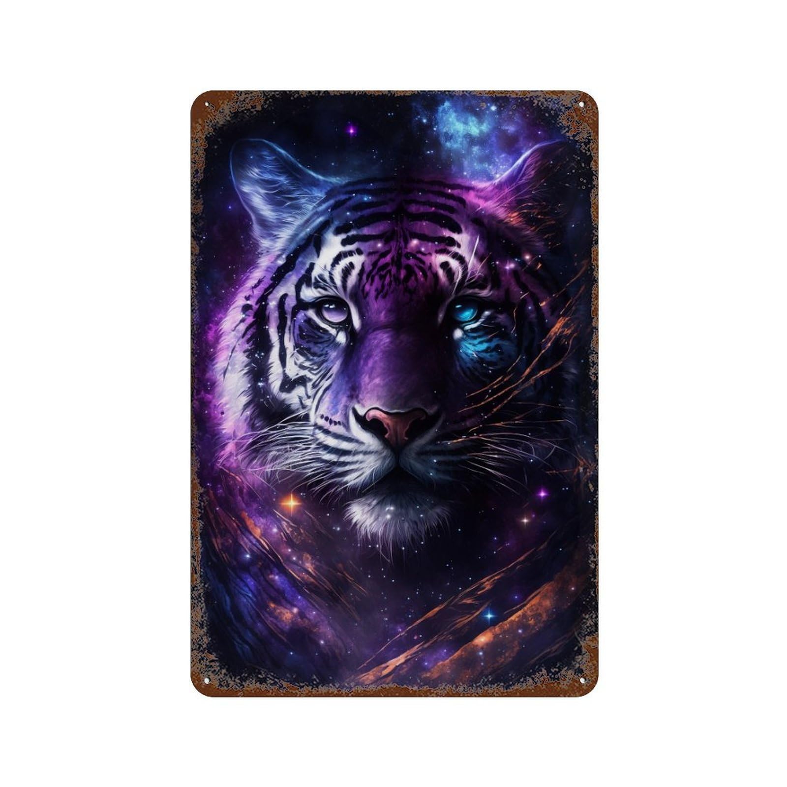 Cosmic Tiger Portrait-21 11.8"x7.9" Distressed Metal Wall Sign, Shabby Chic Decor for Office, Studio And Wall Decor