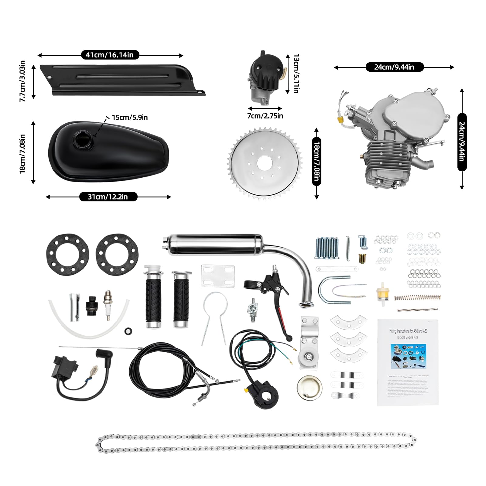Kit de moteur de vélo 80 CC 2 temps - Moteur à essence - Silencieux - Vitesse maximale 38 km/h - Pour vélos motorisés
