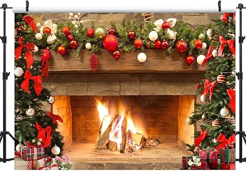 Miniatura 4 de Lofaris Telón de fondo de chimenea de Navidad de 5 x 3 pies, diseño vintage de árbol de fuego, medias rojas, regalos de fondo de fotografía de