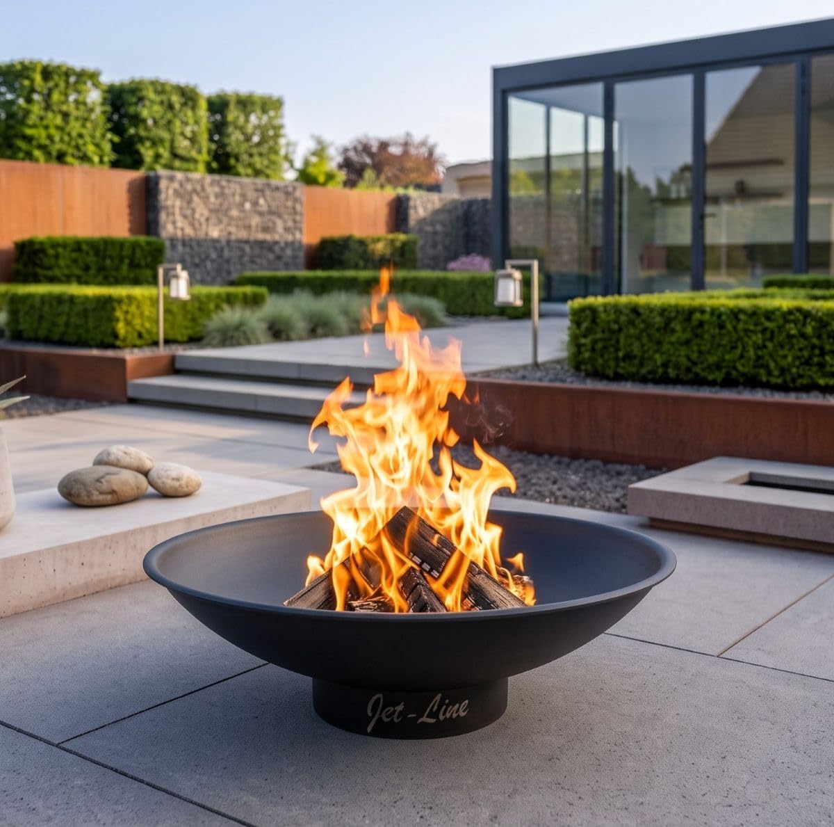 Jet-Line | Feuerschale Katar | schwarz matt | ⌀ 62 cm | Garten + Terrasse | Stahl Grill | Outdoor Feuerstelle