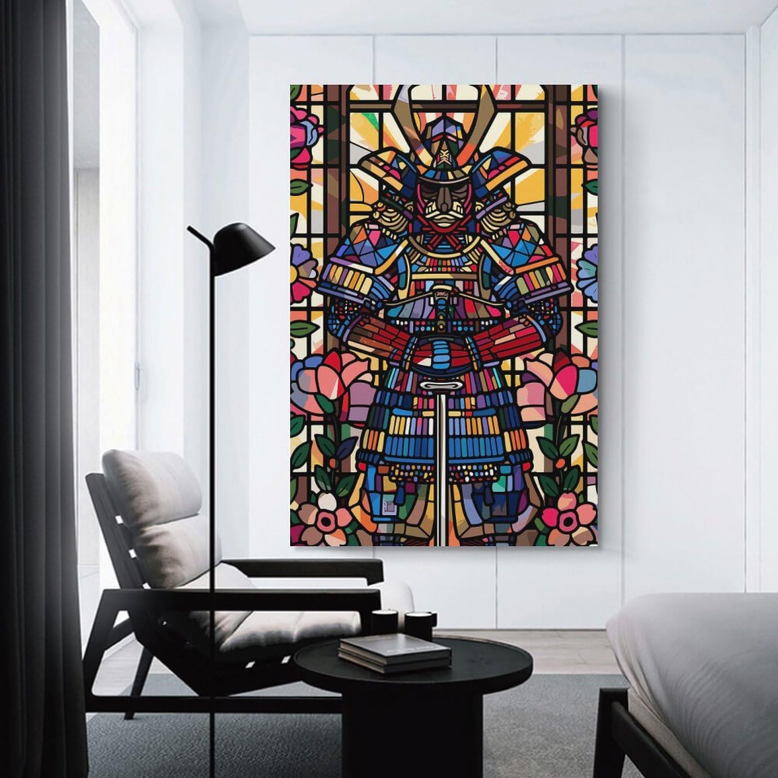 Junmoney Samurai in Stained Glass with Flowers Decorative Canvas Print, 24x36inch(60x90cm), for Hallway, Bedroom Or Modern Interiors, Gift Idea for Housewarming And Birthdays
