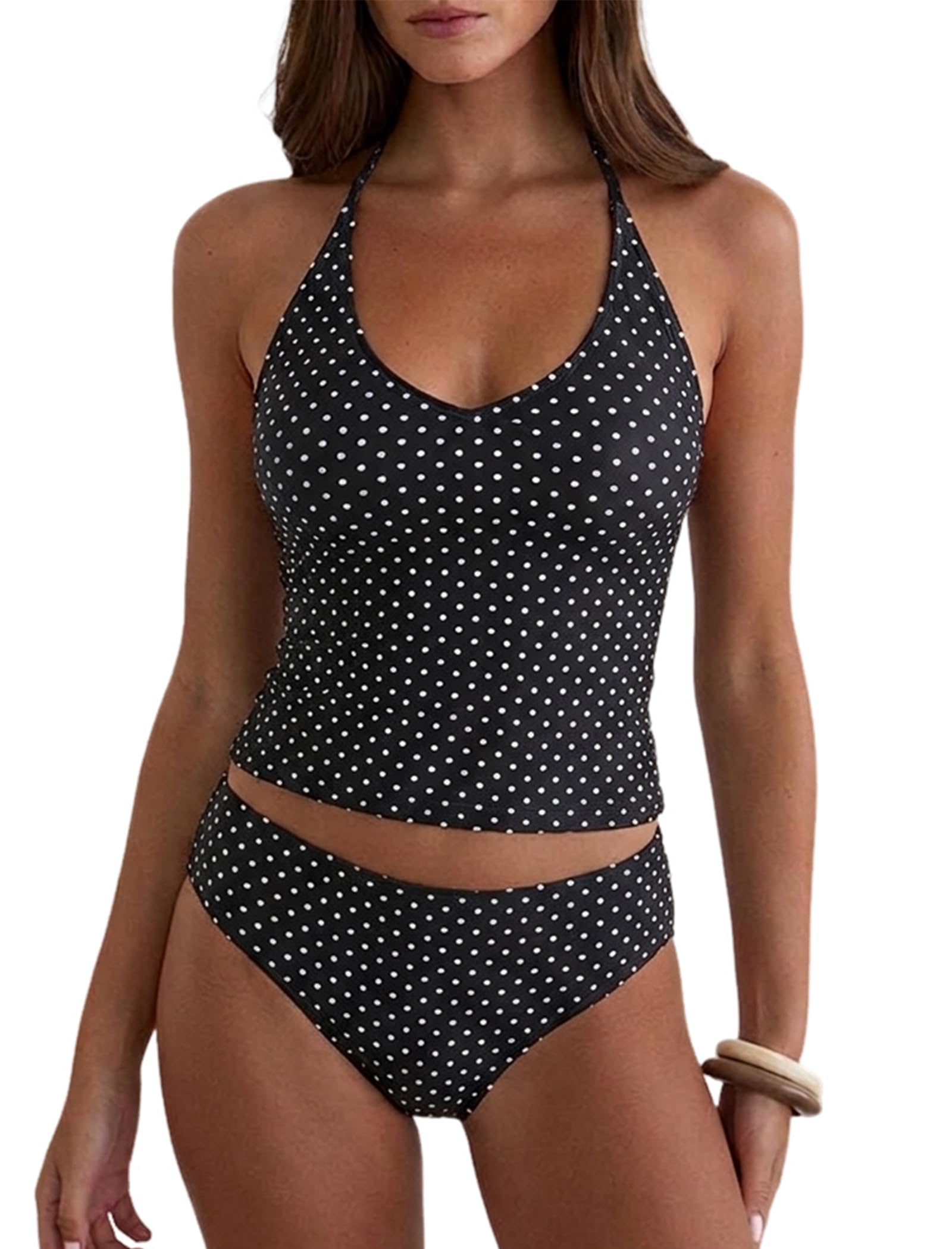Photo 1 of ZAFUL Womens Tankini Swimsuits Y2K Cute Polka Dot Tummy Control Tops Modest Halter V Neck Cheeky Bathing Suit High Waist Two Pieces Sexy Swimwear 2026 Black Large