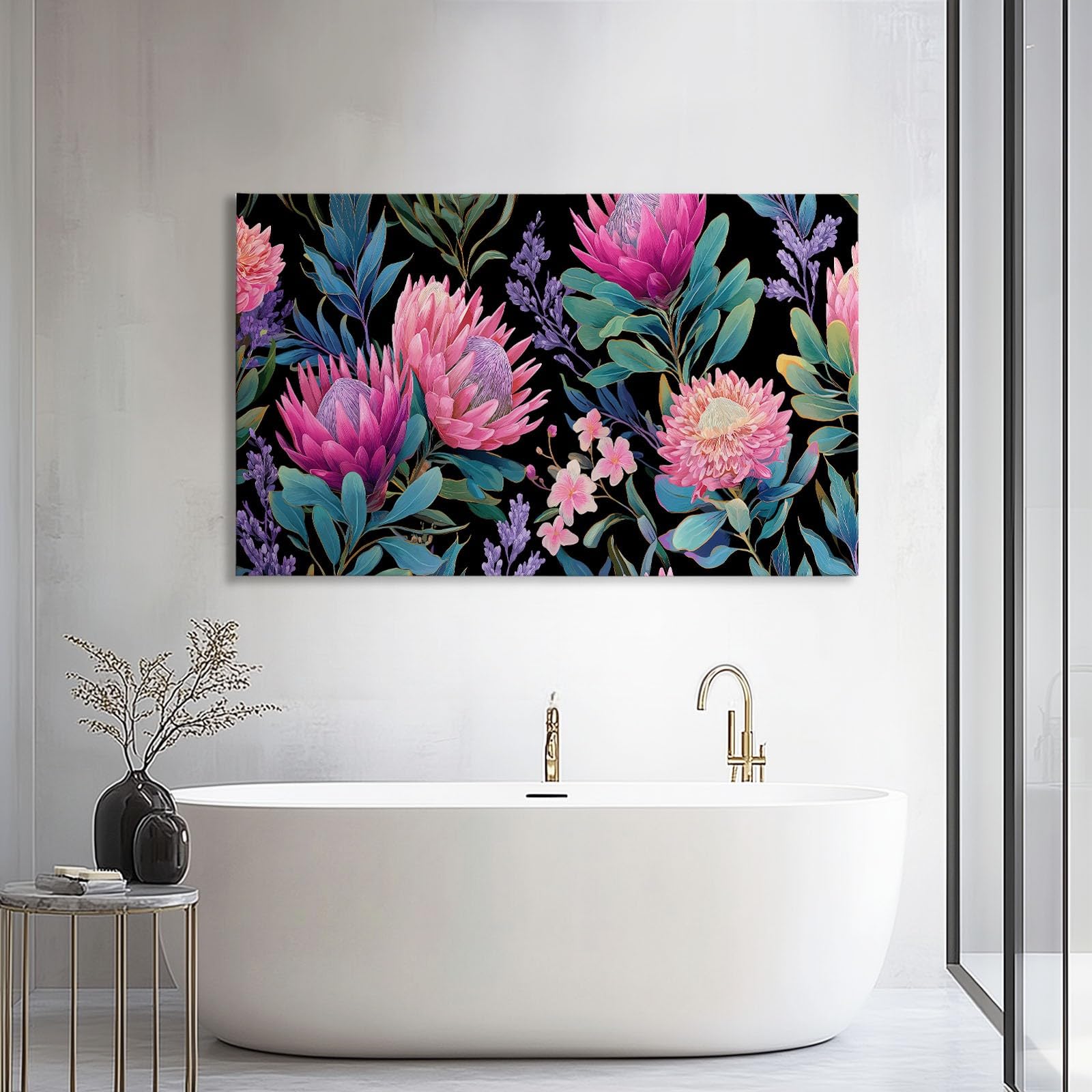 Schwarz Tropisch Botanisch Floral Blätter Modernes Leinwandbild 140L x 70B cm mit Rahmen, Viktorianisch XXL Wanddeko für Wohnzimmer Geschenk Idee Einzug - Hochwertiger Kunstdruck auf Holzrahmen