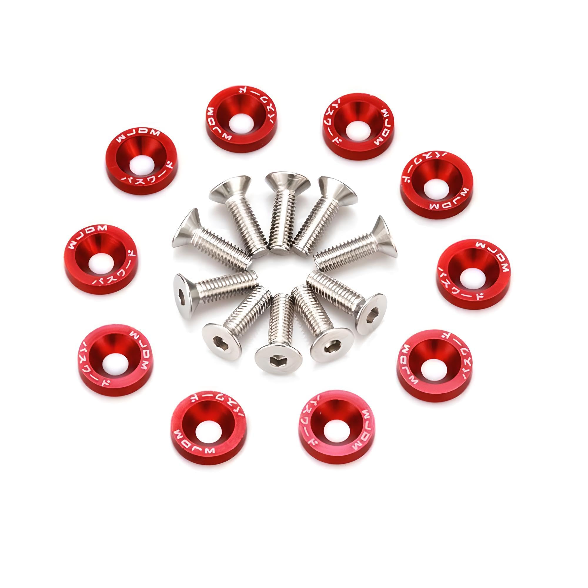 Red JDM Fender Washers - Car Universal M6 Bolt Screw Washer Kit, Stainless Steel Screws, Aluminum Nuts, Bumper, Engine Bay Dress Up, Auto Accessories, Number Plate Screws - 10Pcs (RED)-picture-29