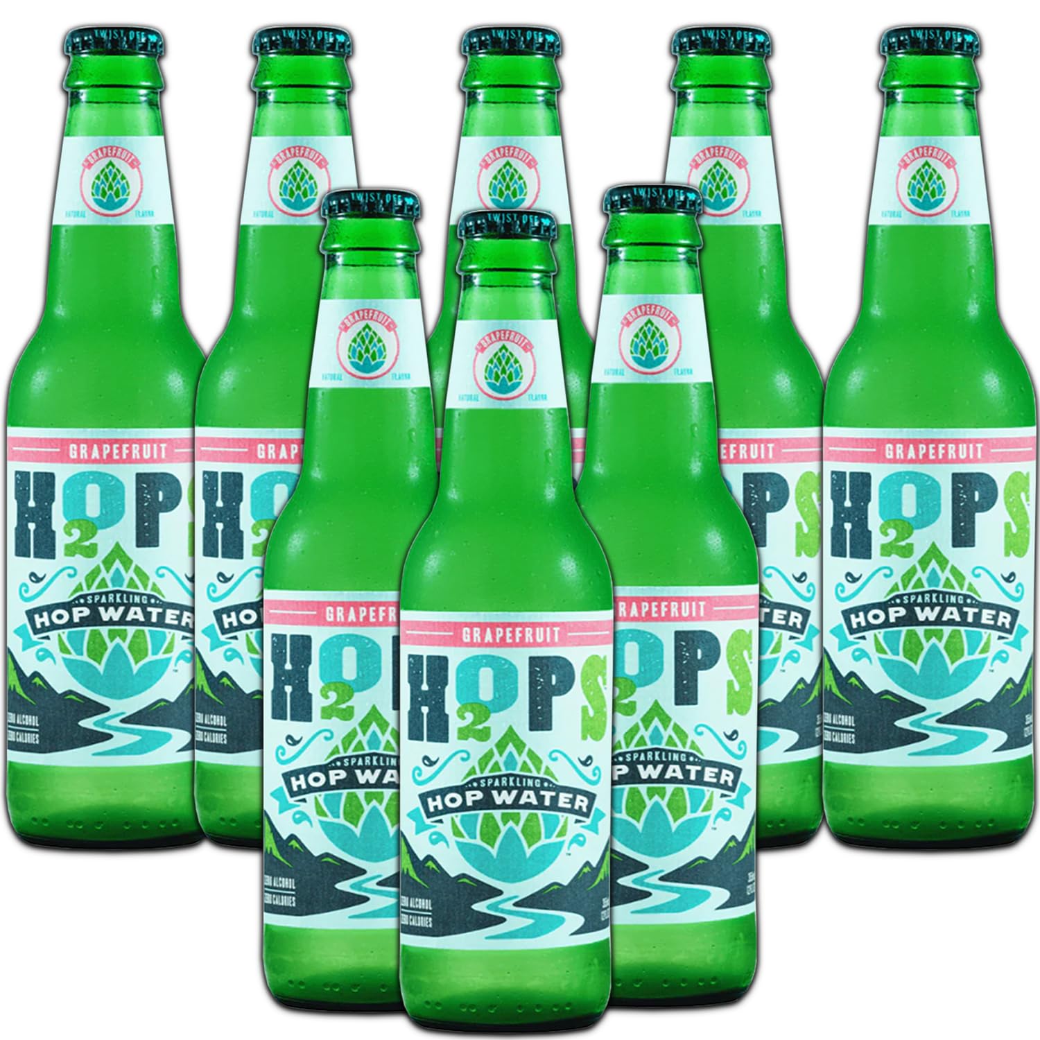 H2OPS Sparkling Hop Water 8PK- Grapefruit, 0 Alcohol, 0 Calorie, (8 Pack Glass Bottles) Craft Brewed, Premium Hops, Lightly Carbonated, Gluten Free, Unsweetened, NA Beer